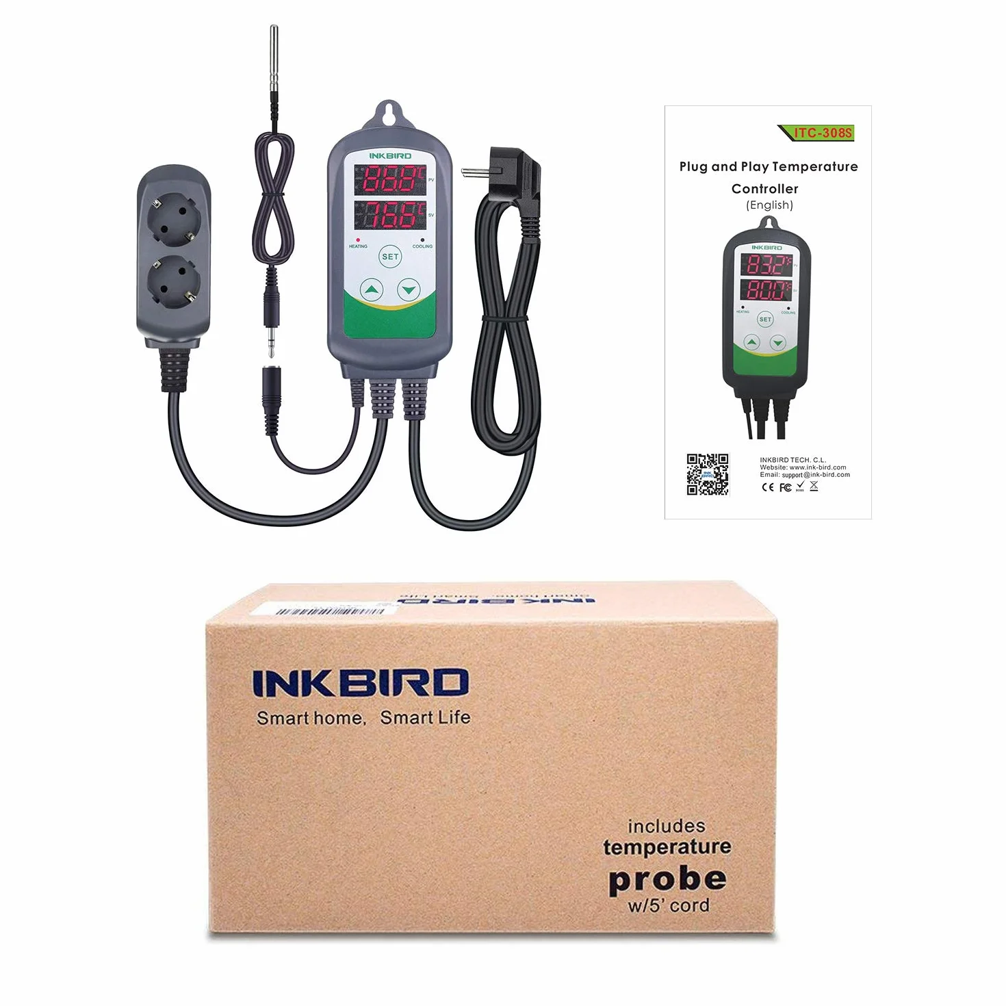 Inkbird ITC-308S Termoregolatore Digitale Termostato Doppio Relè Presa di Corrente (ITC-308S + 1.97" Sensing Sonda)