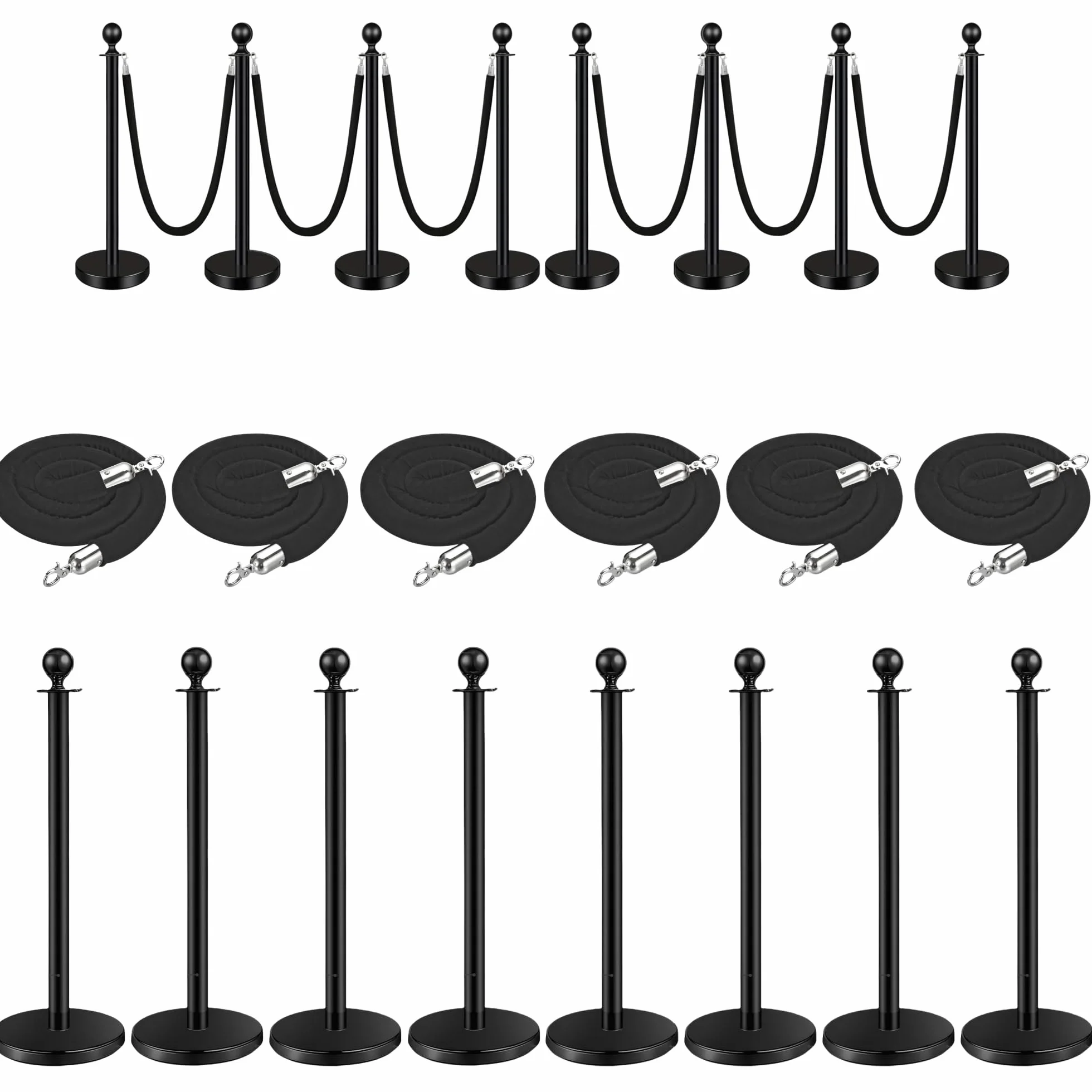 Pali distanziatori in Acciaio Inox 8 Pezzi, Altezza 95 cm, con Corda di Velluto da 1,5 m, Collegamento a 4 Vie, Base di Diametro 32 cm