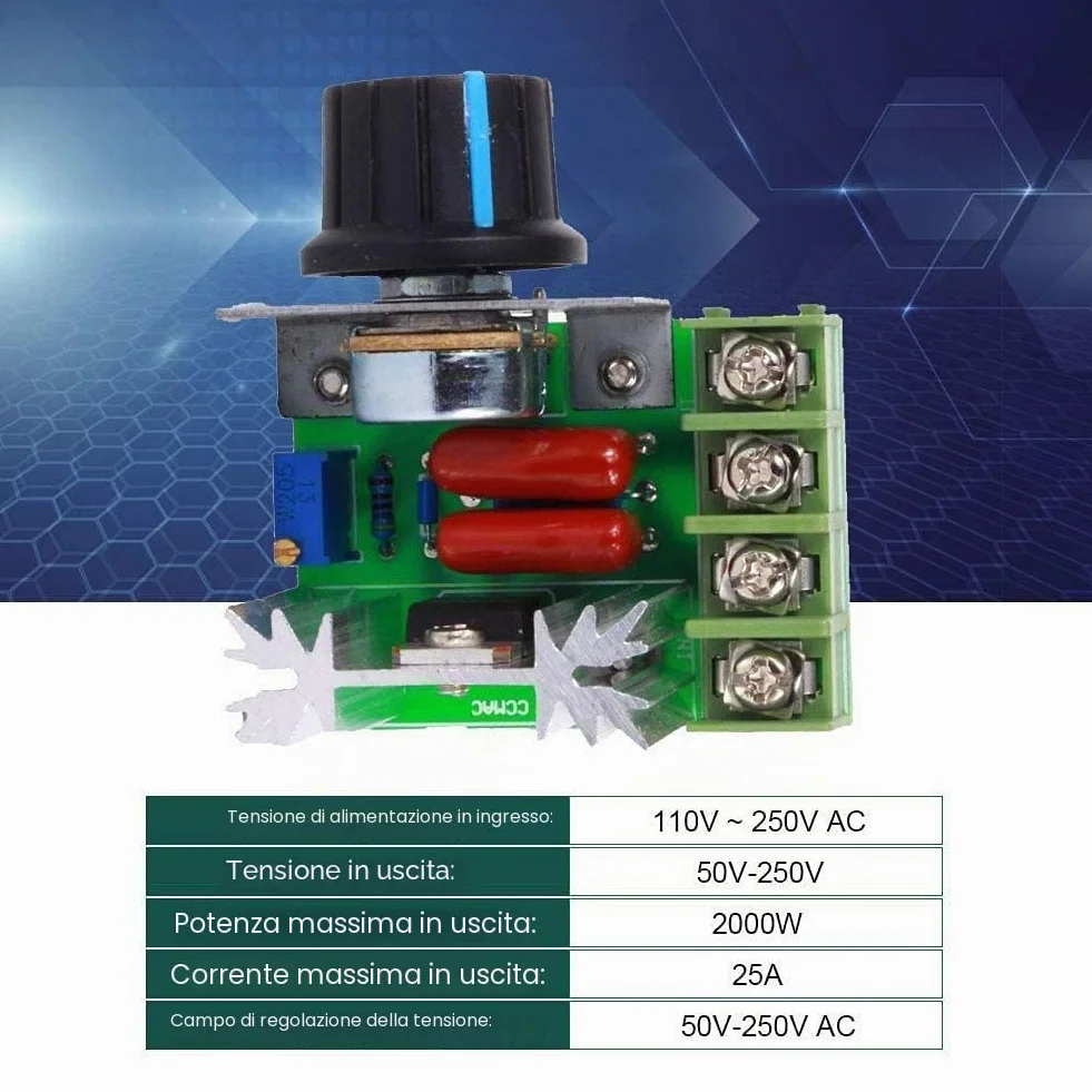 CABLEPELADO Adattatore regolatore di velocità del motore CA | Regolatore di tensione | Dimmer per motore | Supporta un'intensità massima di 25 A e un consumo di 2000 W | Regolatore da 50 V a 220 V