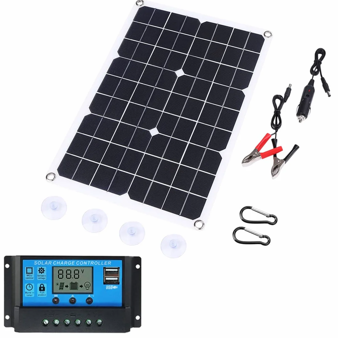 Kit Pannello Solare 50W/80W/100W, monocristallino Flessibile (Alta efficienza), regolatore di Carica (10A-60A), per caricare la Batteria dell'auto da 12 V, Campeggio, Barca e Avventura, con