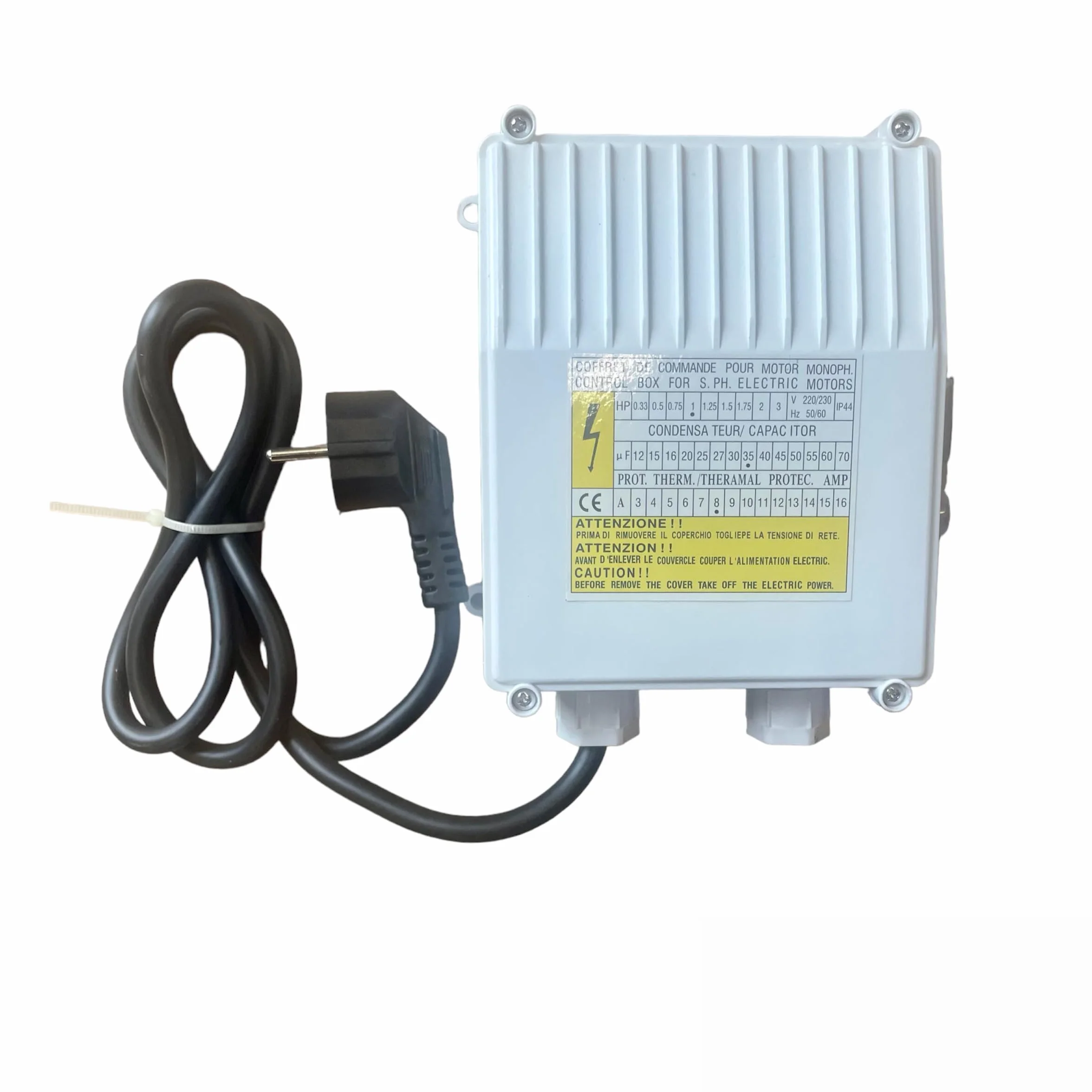 QUADRO V220 POMPA SOMMERSA SALVAMOTORE CONTROL BOX HP1 1.5 2 3 CON CONDENSATORE (SALVAMOTORE HP 1 + CONDENSATORE 35MF)
