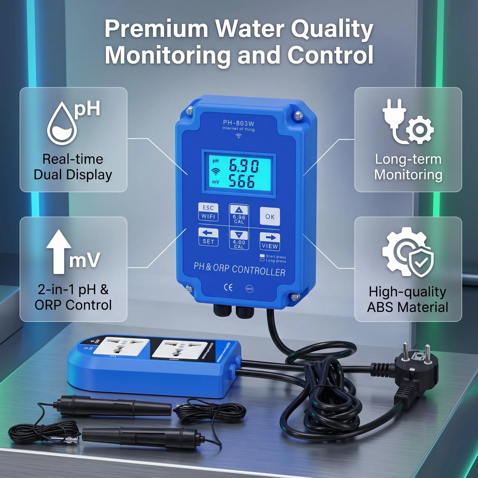 PH-803W Controllore Redox Redox Misuratore Multiparametrico per Test Dell'acqua per il Monitoraggio e il Controllo della Qualità Dell'acqua a Lungo Termine(EU Plug 250V)