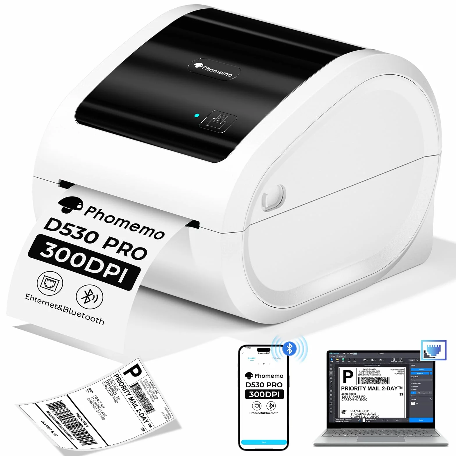 Phomemo Ethernet Stampante Etichette Spedizione, Stampante Termica Etichette da 300dpi per imprese, Supporta Ethernet, Bluetooth e USB, Compatibile con Amazon, Vinted, BRT, UPS, Bianco