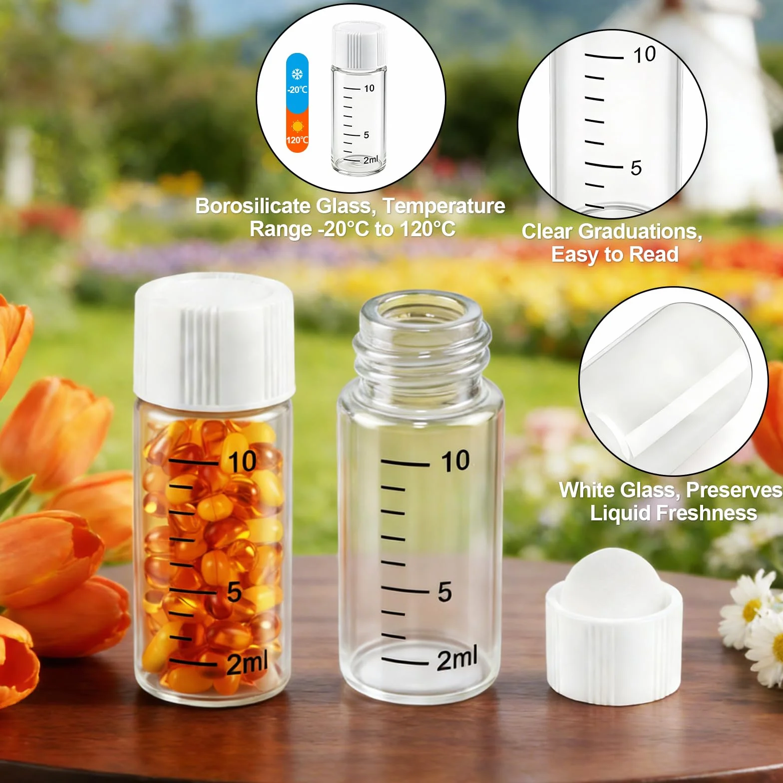 20 flaconcini di campione da 10 ml, piccole fiale di vetro con tappo a vite bianco, trasparente, campionamento di vetro, mini bottiglie di vetro con scala, flaconcini da laboratorio per