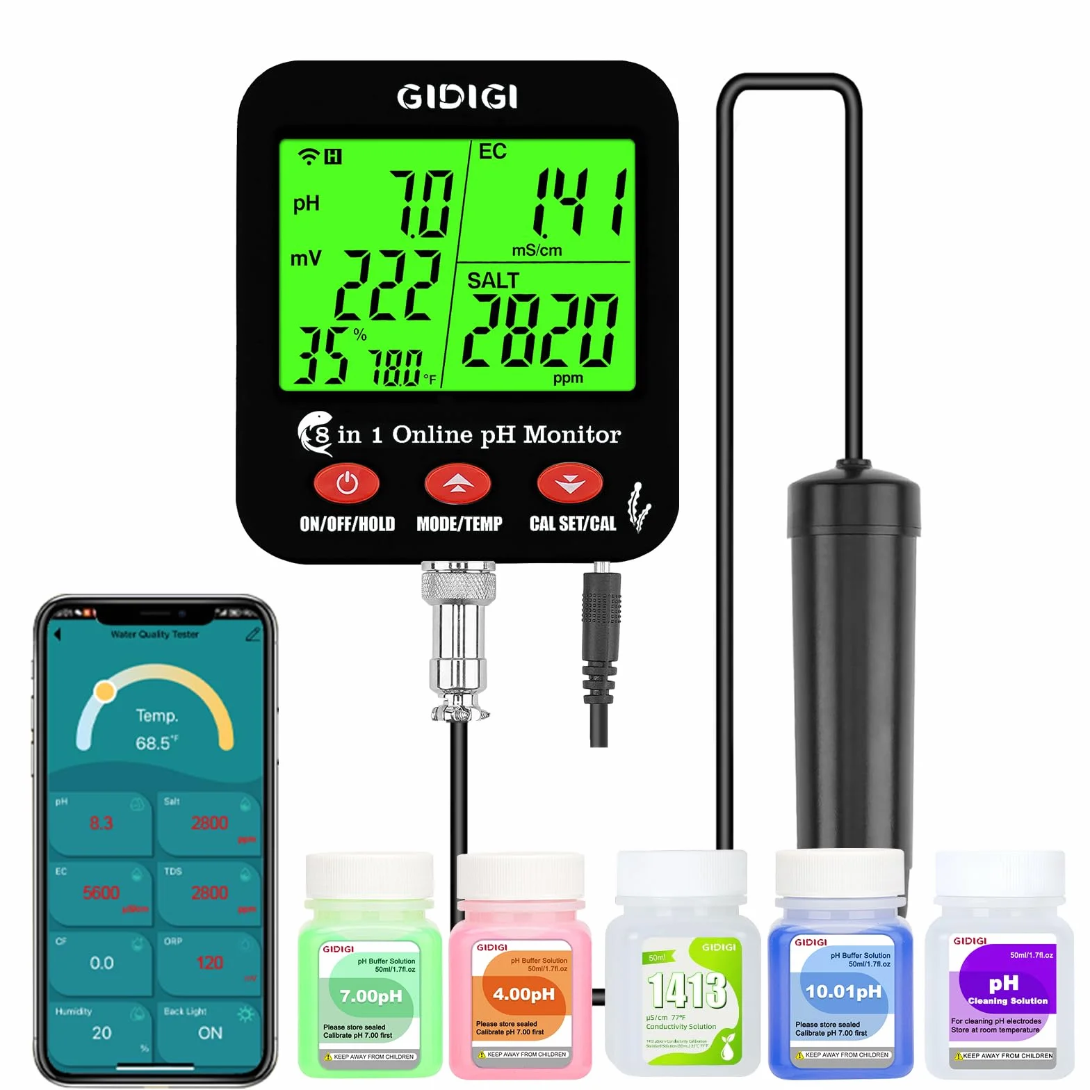 Misuratore di pH/EC/TDS/sale intelligente WiFi 8 in 1 con ORP, umidità e temp, monitor dei nutrienti per l'idroponica e tester salinità per acquario, vasca per pesci, soluzioni di calibrazione incluse