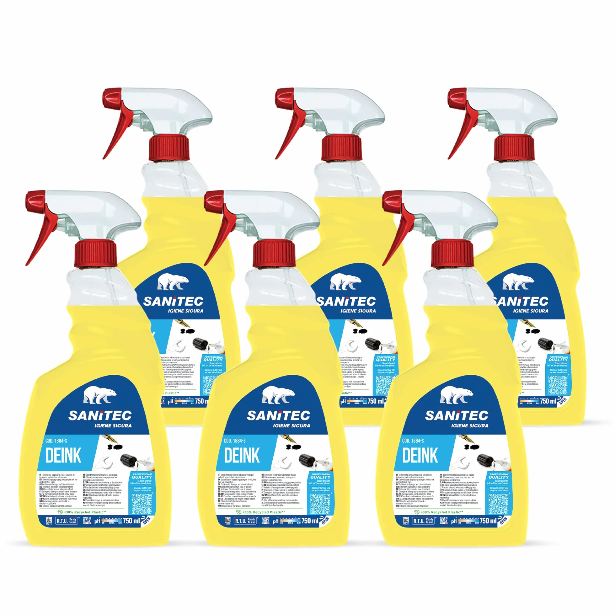 SANITEC igiene sicura Deink, Detergente Profumato, Sgrassante Specifico ed Efficace per Inchiostro, Colla, Grasso e Graffiti, Pulizia Senza Risciacquo e Senza Aloni, Made in Italy, 6 Flaconi 750 ml