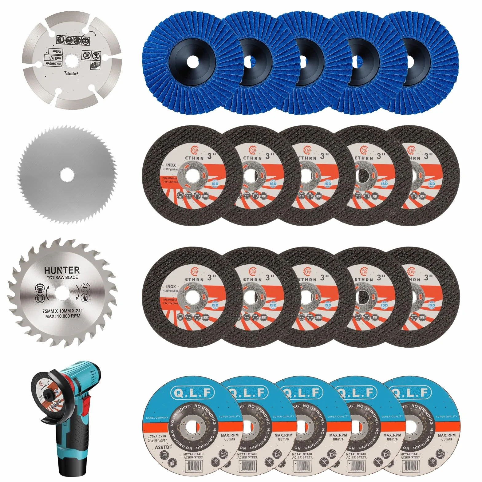 Set di dischi da taglio da 75 mm per smerigliatrice angolare, composto da 23 accessori con dischi da taglio HSS e dischi da taglio in carburo per taglio, lucidatura e smerigliatura del metallo