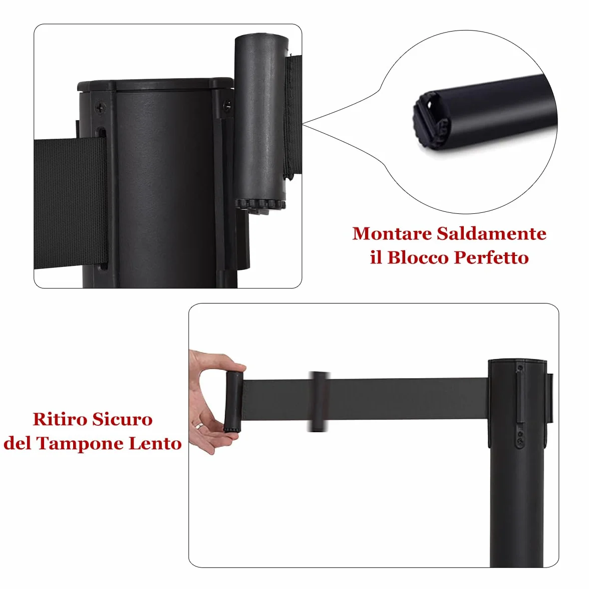 GYMAX Set di 4 Paletti per la Fila d'Attesa Neri con Corda Nera, Paletti di Guida Neri Retrattili con Cintura Retrattile di 2M, Paletti di Separazione Retrattili, Fila d'Attesa, Nero