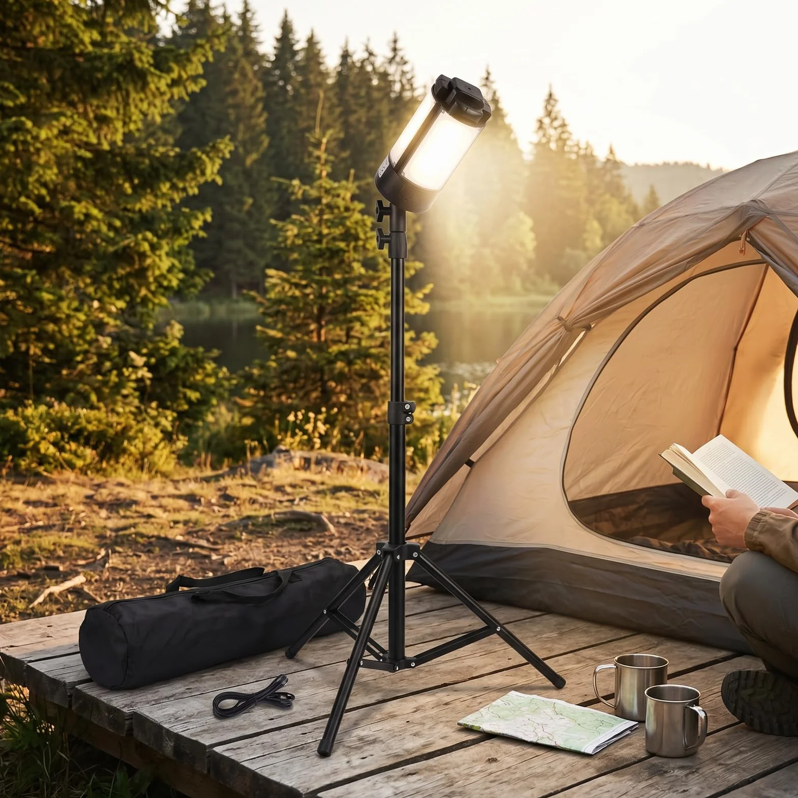 Luocute Luce da Campeggio Ricaricabile con Supporto, 4 Pannelli LED Regolabili 4100LM 6000K Lanterna Portatile Dimmerabile, con Base Magnetica Treppiede per Tenda da Campeggio di Emergenza