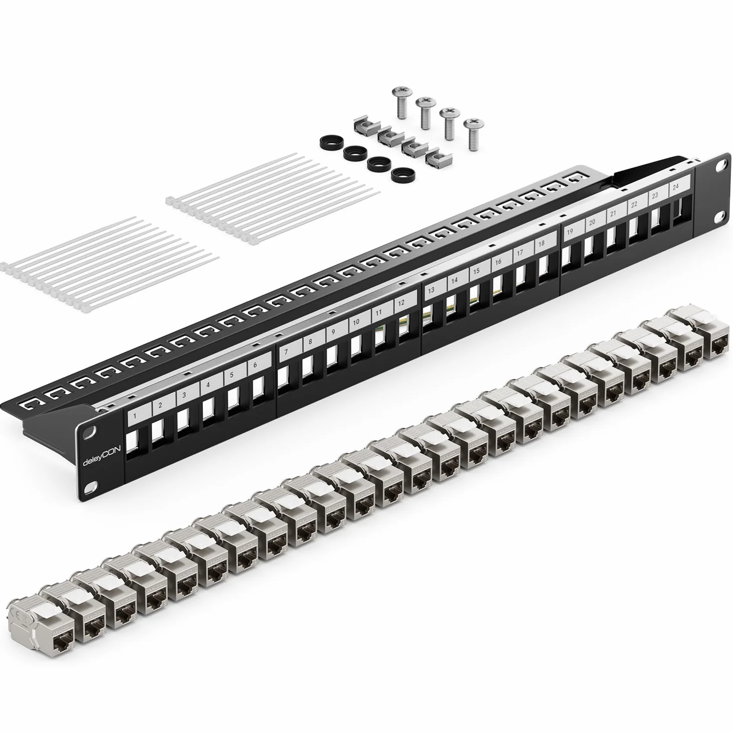 deleyCON 24 Porte CAT 8 Patchpanel Set Campo di Distribuzione Patch Panel 19" 1U + 24x Modulo Keystone Jack RJ45 CAT8 40 Gbit/s 2000 MHz Compatibile con Cavo D'Installazione CAT7 CAT-8 Ethernet Rete