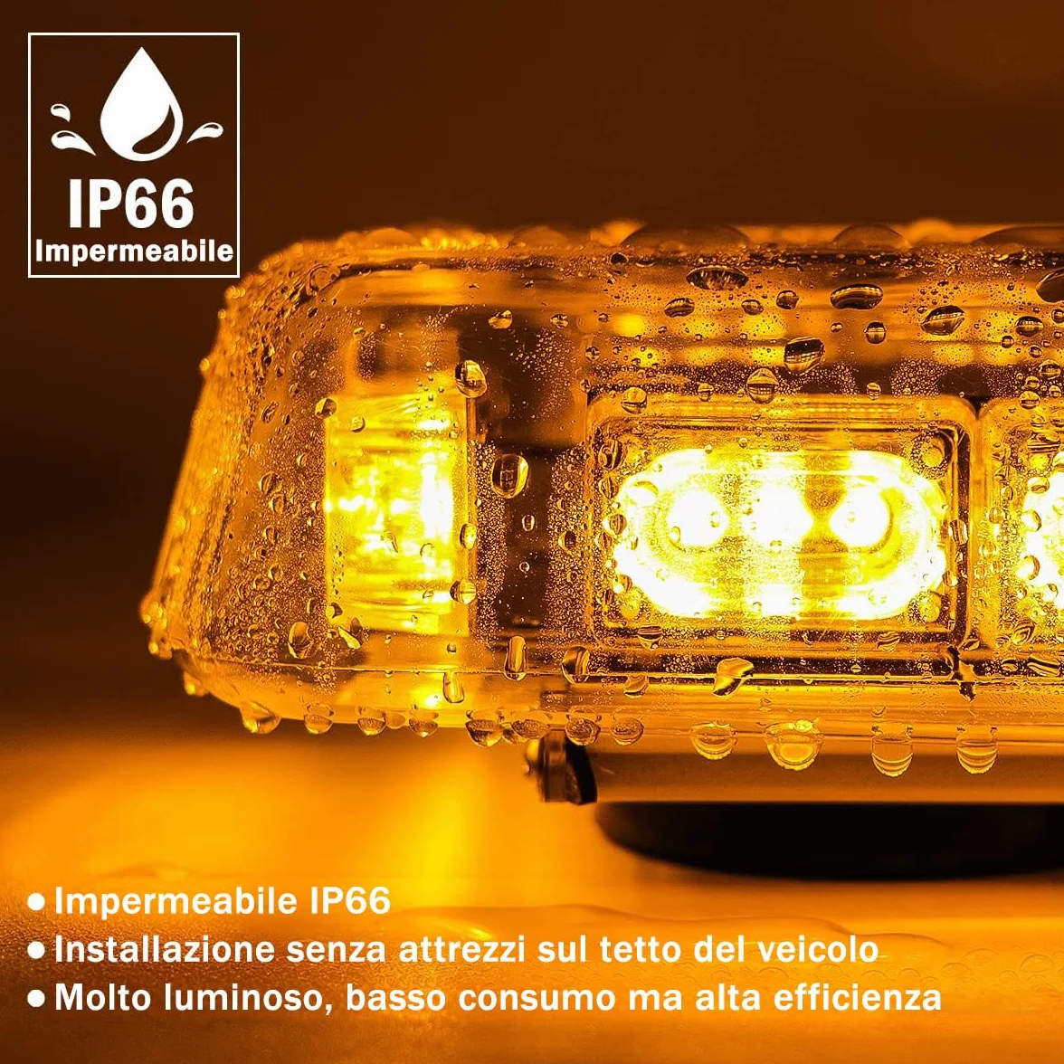 Mini Barra LED Stroboscopica Magnetica 36 LED Ambra 12V/24V, Luce di Emergenza con 7 Modalità Flash IP66 per Camion, Taxi, Veicoli da Cantiere e Sicurezza Stradale