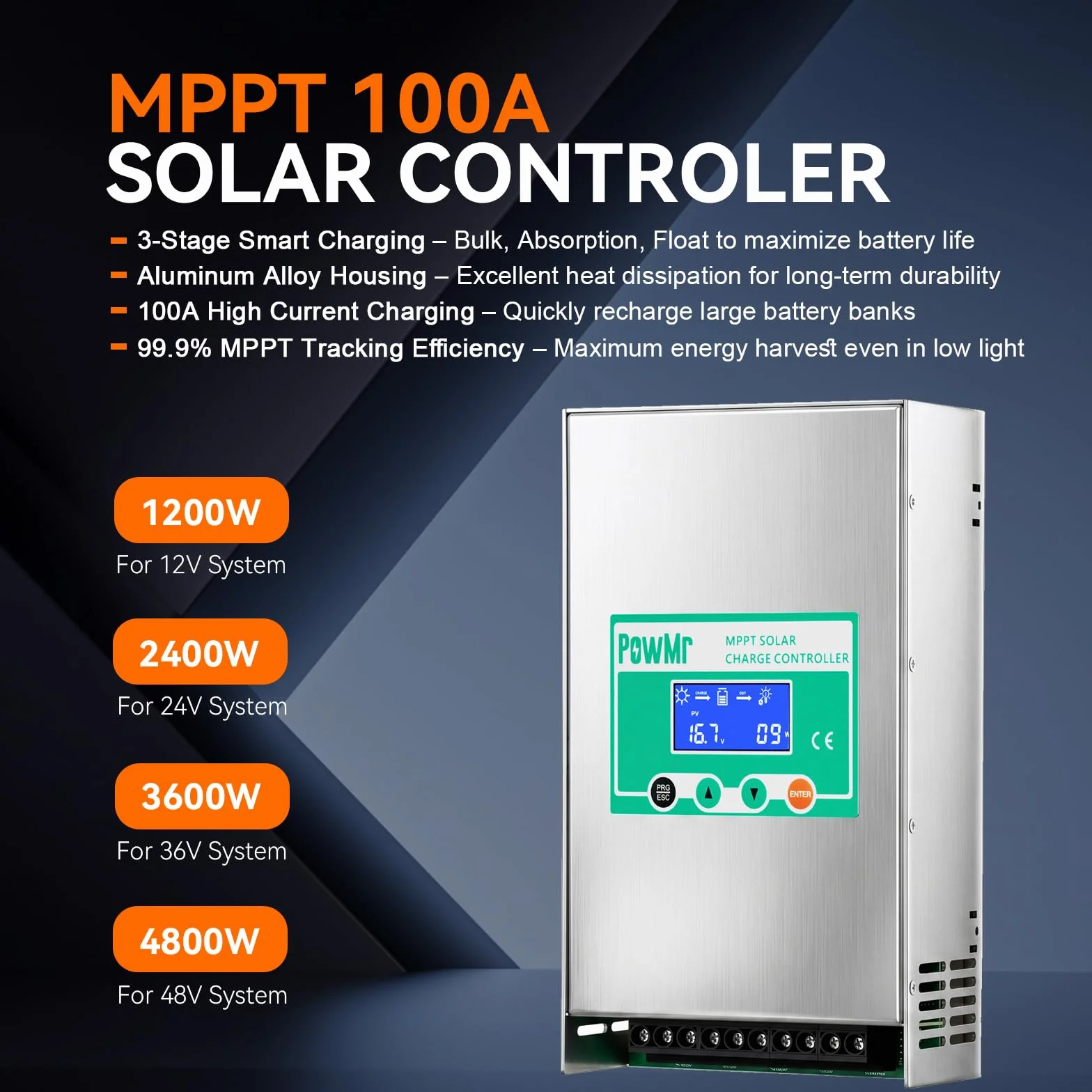 PowMr Regolatore di carica solare MPPT da 100 A, 12 V, 24 V, 36 V, 48 V, automatico, regolatore per pannello solare a terra negativa da 100 Amp, alloggiamento in alluminio per batteria al piombo