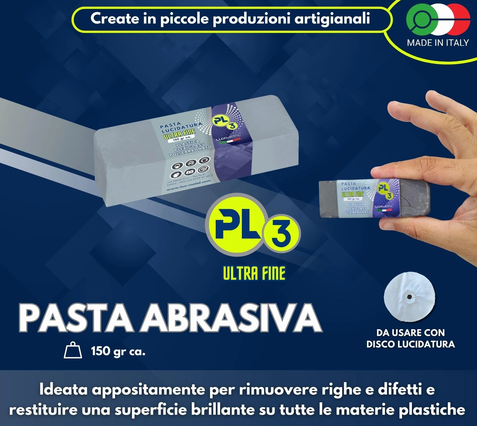 Lux Metal - Pasta Abrasiva per Plastica PL3 150 gr Ultra Fine Lucidare Plexiglass Trasparente Lucidatura Plastica Policarbonato Rimuovi Graffi Plastica pasta abrasiva plexiglass Rinnova Fari Auto