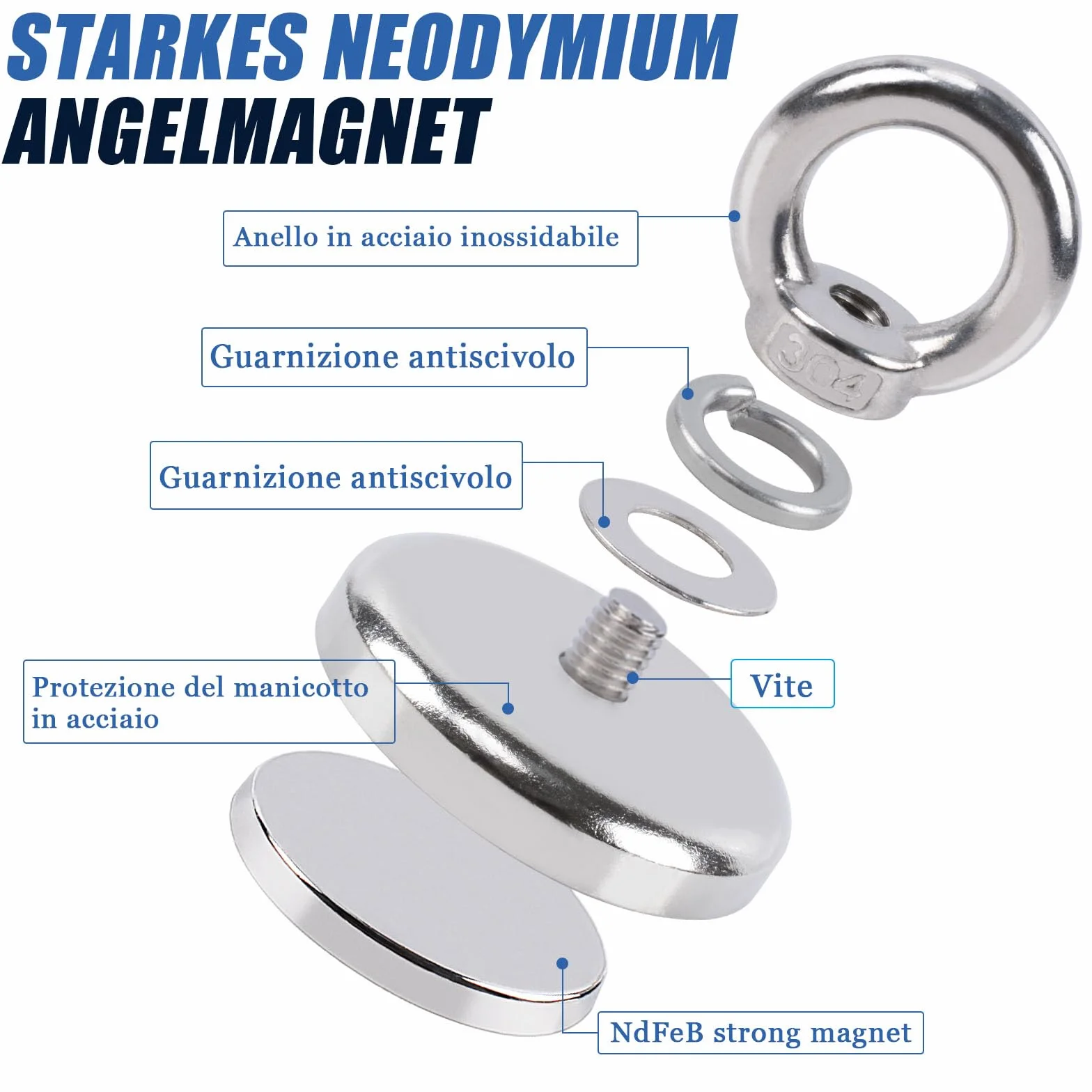Magneti al Neodimio Extra Forti 42 mm 60kg Forza Magnete Da Pesca con Foro 2 Pezzi