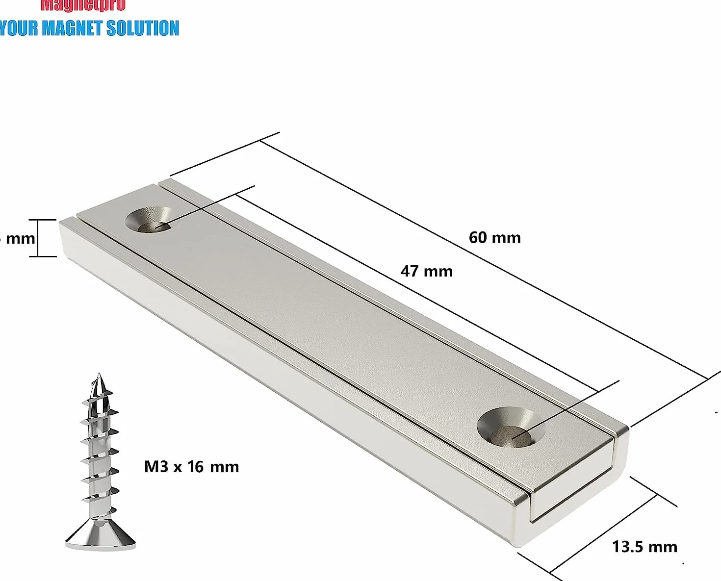 Magnetpro Set 2 magneti rettangolari 30 kg 60 x 13,5 x 5 mm con foro e capsula in acciaio