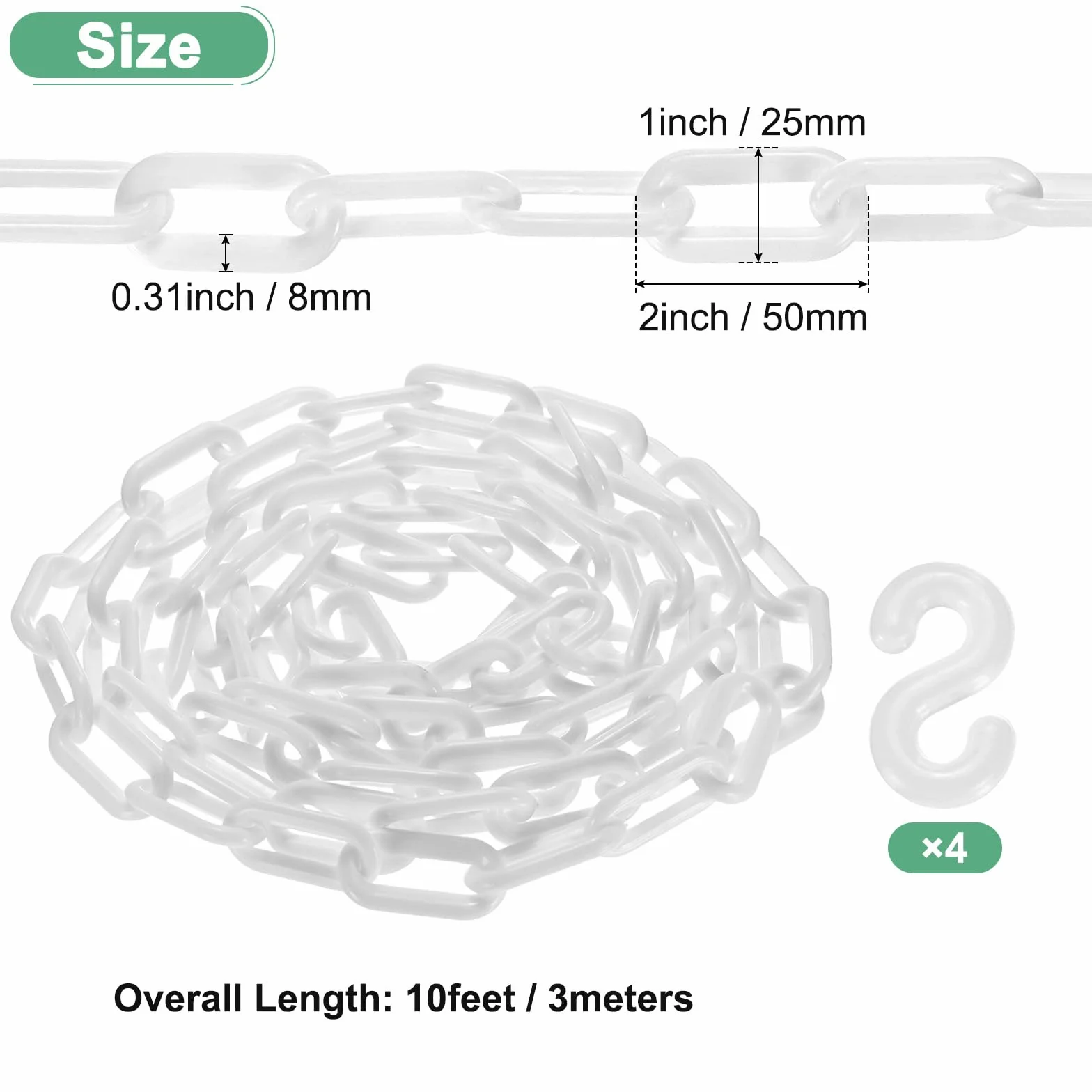 M METERXITY Catena Di Barriere In Plastica, Lunghezza 10 Piedi Catena Di Sicurezza Impermeabile Bianca Con Fibbia A Forma Di S Per Controllo Folla/Ascensore