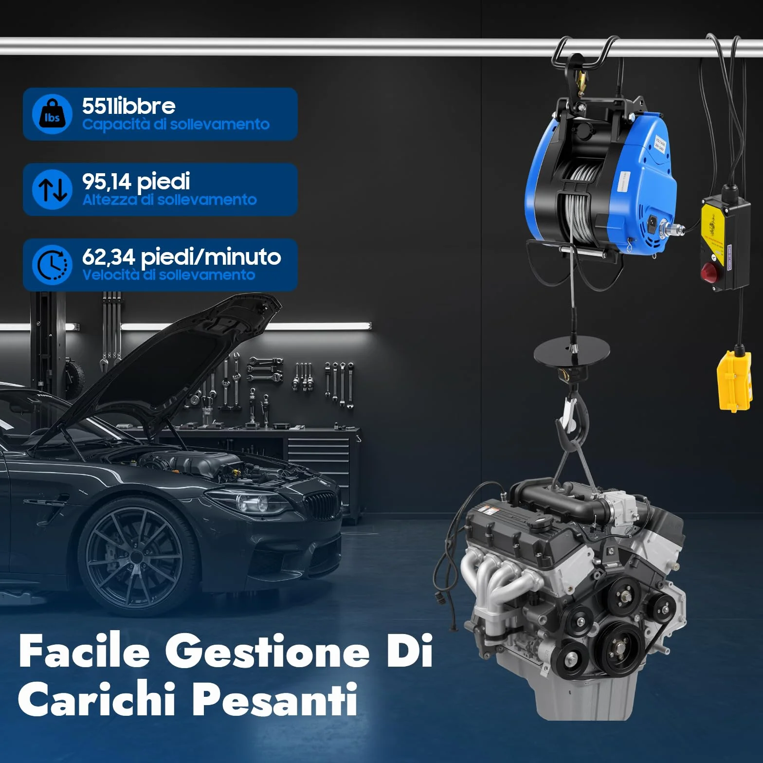 Paranco elettrico 1500 W, verricello elettrico, 30 m, 250 kg, per diversi dispositivi di sollevamento