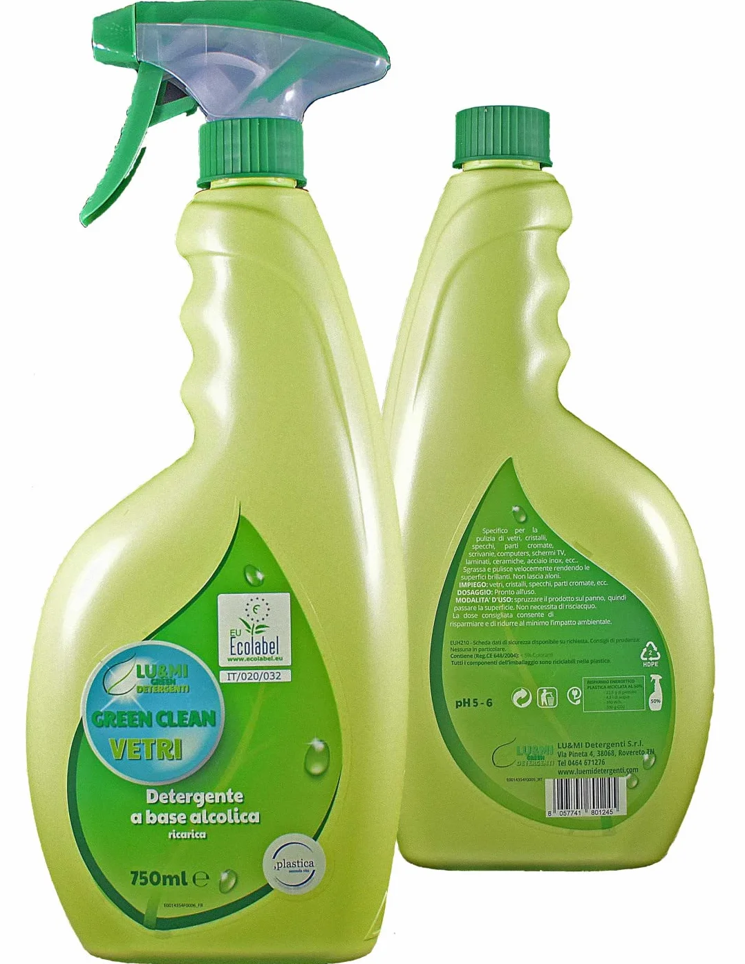 GREEN CLEAN VETRI - Detergente PROFESSIONALE per vetri, specchi, cristalli, schermi - 6 FLACONI DA 750 ML
