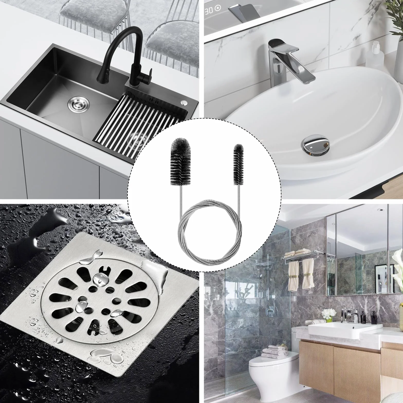 200cm Stura Tubi di Scarico Flessibili Pulisci Tubature Pulisci Tubi Scarico Spazzola Pulizia Scovolino Doppio per Cucine Vasche Bagno Servizi Igienici Fognature lavandino Nero
