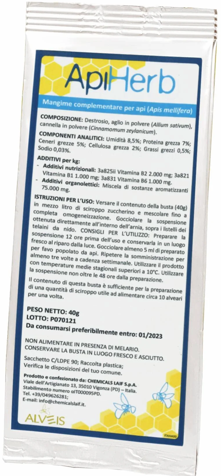 APIHERB bustina monodose 40 grammi per 10 arnie, mangime complementare a base di essenze vegetali essiccate e vitamine