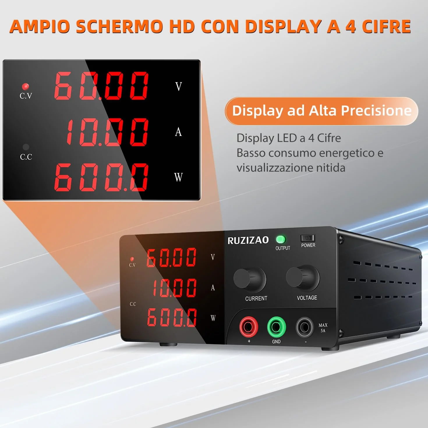 Alimentatore da Banco 60V 10A 600W Alta Potenza Alimentatore da Laboratorio Regolabile con OUTPUT/Encoder, Alimentatore Stabilizzato con Display LED a 4 Cifre e Uscita Stabile per Elettronica