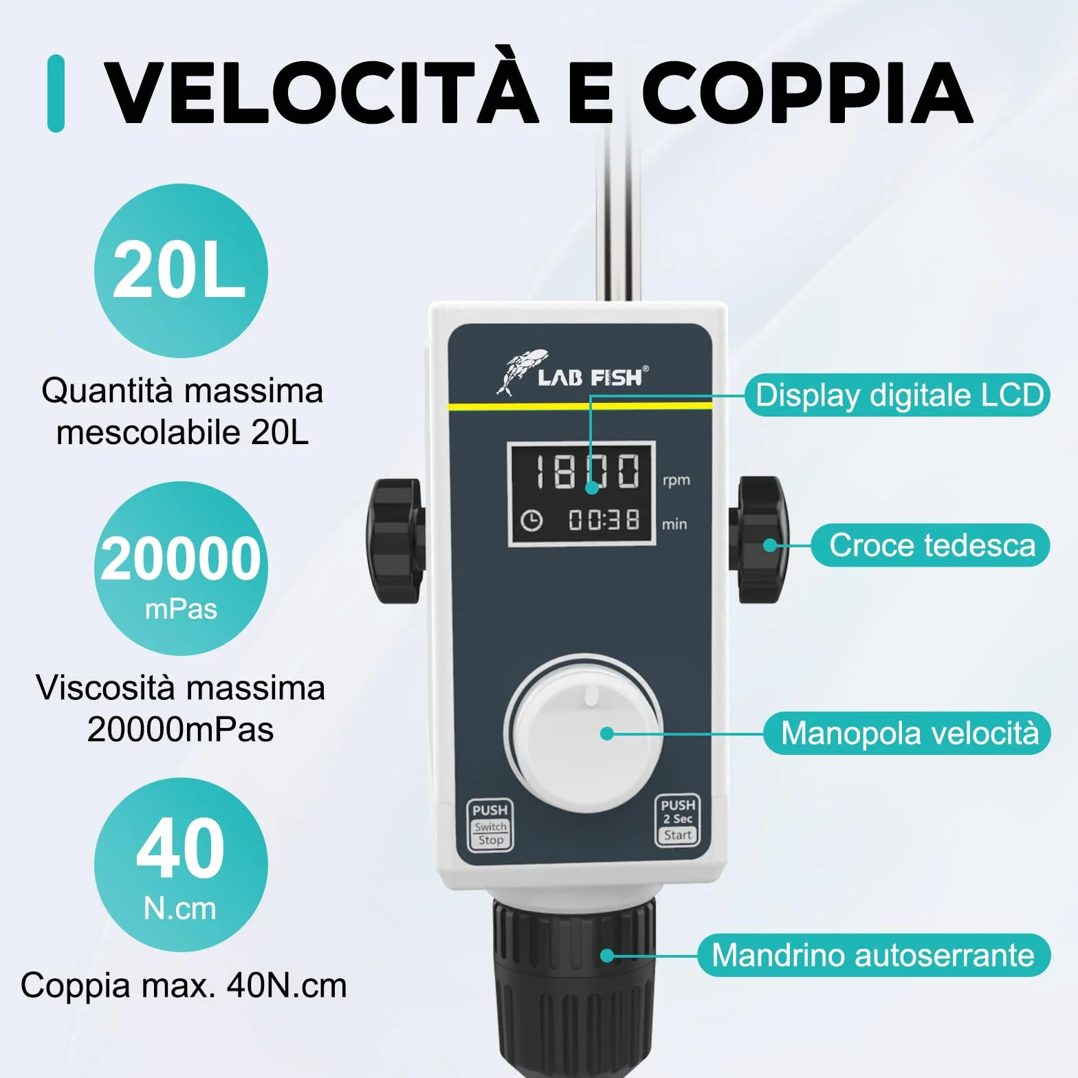 LAB FISH Agitatore a Immersione Overhead Stirrer, Miscelatore da Laboratorio 50W con Pala e Supporto Acciaio Inox, Velocità Regolabile 100-2000 RPM, Timer 1min-24h, per 20L & 20000 mPas