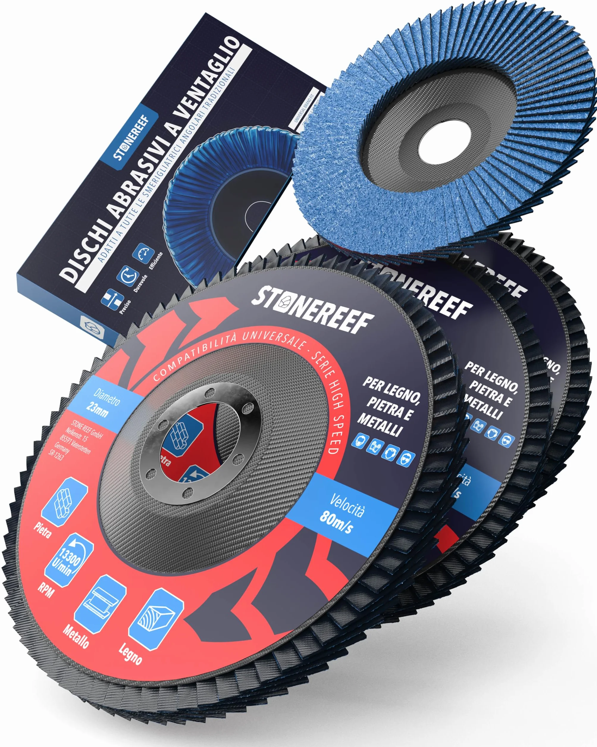 Set di 4 dischi lamellari [125 mm] smerigliatrice angolare, dischi abrasivi, dischi per sgrossatura, dischi lamellari, piastre di supporto in tessuto di vetro, levigatura precisa e sbavatura con