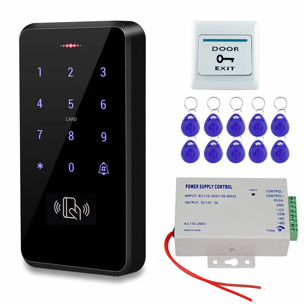 Kit Sistema di Controllo Accessi Porte Esterne IP68 Lettore di Schede Tastiera RFID Impermeabile + Alimentatore + Pulsante Uscita Porta + 10 pz telecomandi (senza blocco)