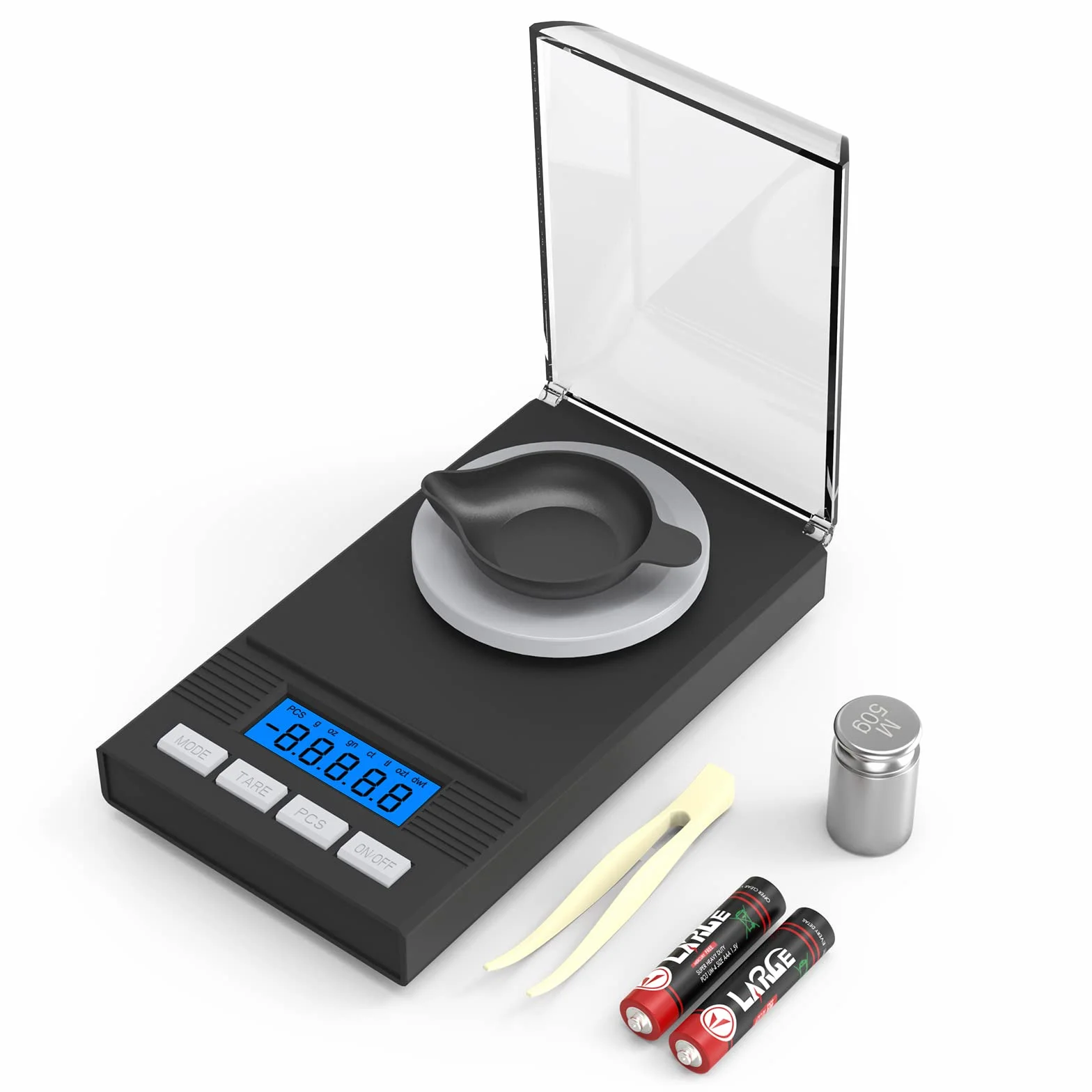 Bilancia di Precisione 50 g/0,001 g, Mini Bilancia Milligrammo Precisione Digitale Scale con Funzione Tare, Display LCD, Calibrazione pesi, 2 × Batterie, Pinzette e Padelle