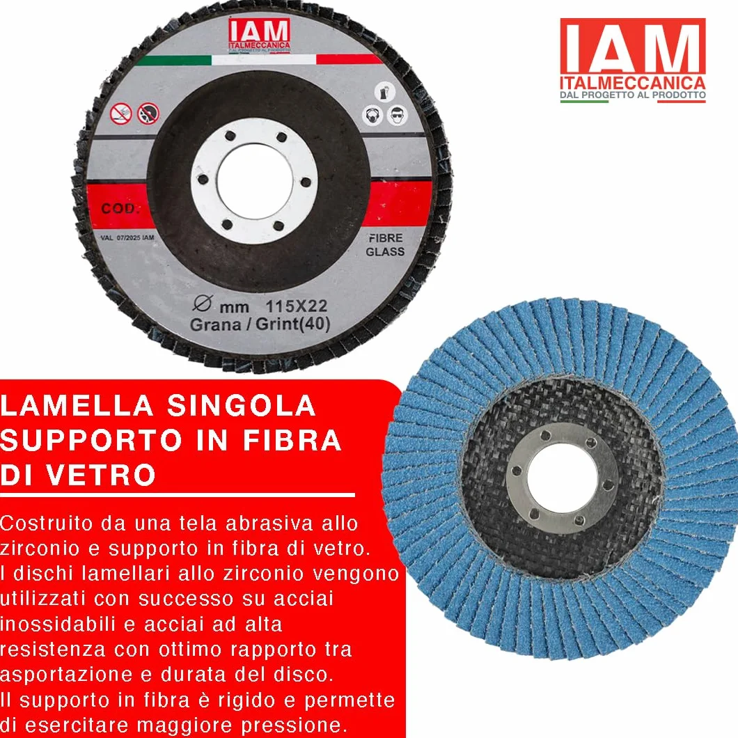 IAM Disco Lamellare Zirconio per Smerigliatrice 115 x 22 mm | Flap Disc Professionale Lamella Singola con Supporto in Fibra di Vetro | Disco Abrasivo per Acciaio Inox e Metallo | Grana 40 | 100 Pezzi
