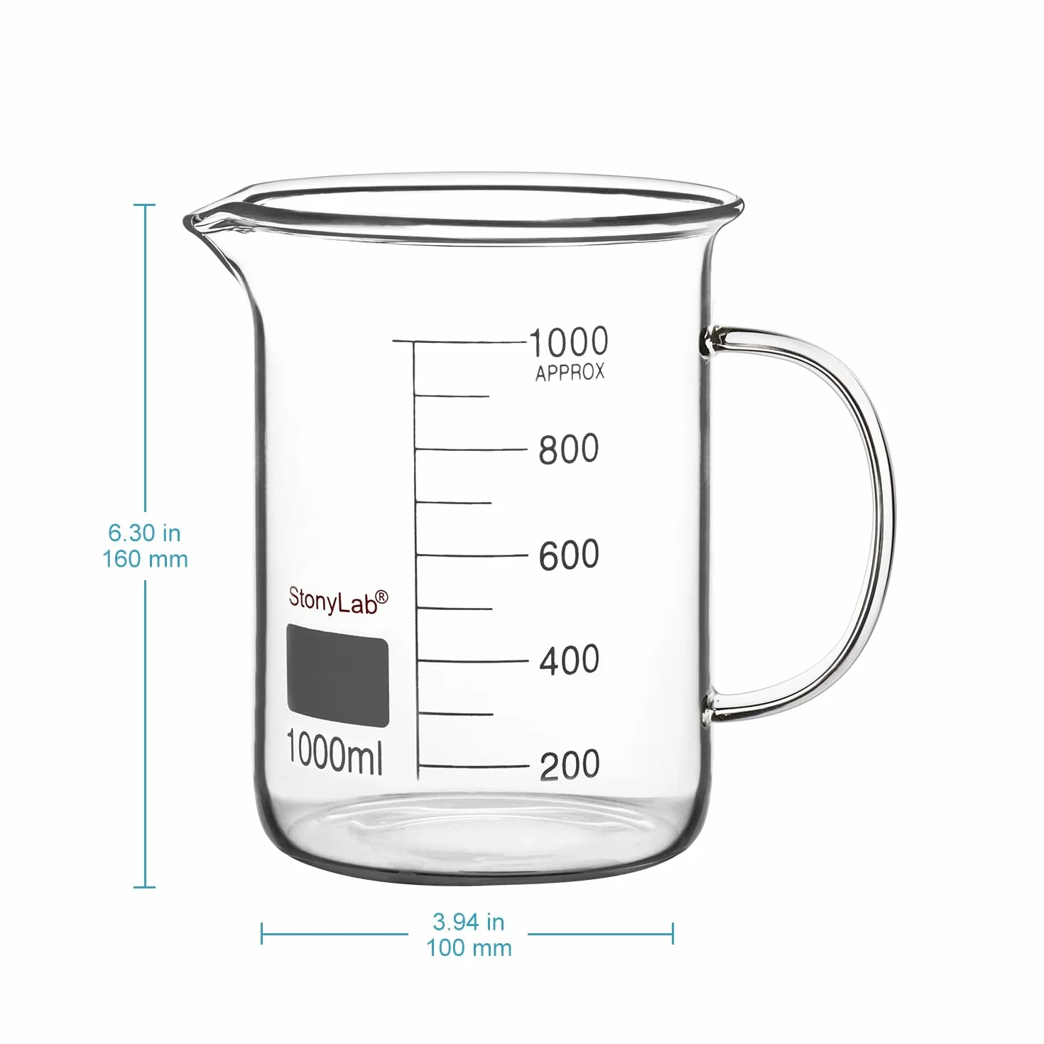 stonylab Bicchiere in Vetro con Manico, Bicchiere Graduato in Vetro Borosilicato Griffin a Forma Bassa con Manico e Beccuccio per Versare, 1000 ml