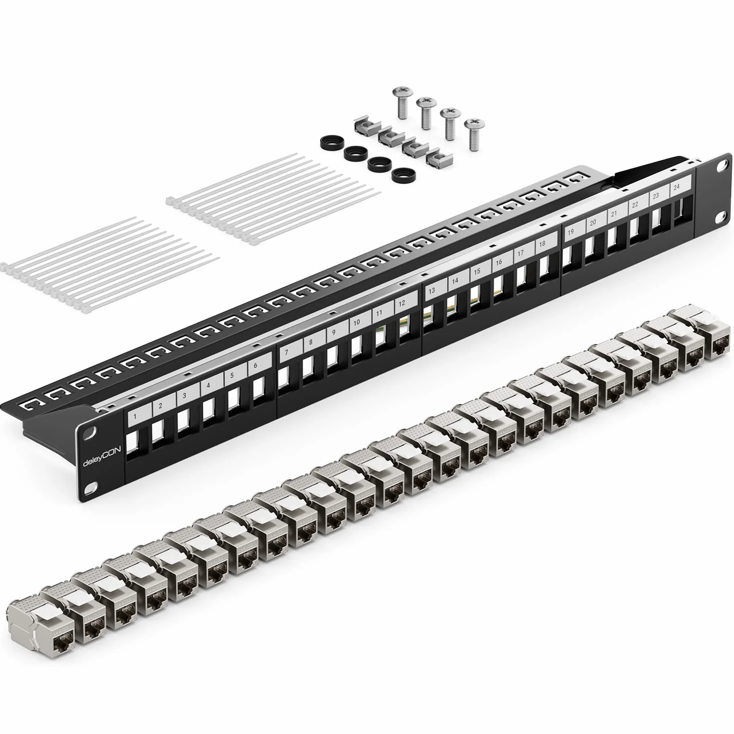 deleyCON 24 Porto Pannello Delle Patch Set Modulare 1 IU 19" Pollici Montaggio Rack + 24x RJ45 Keystone Moduli CAT6a Compatibile con CAT5 CAT6 CAT7 LAN Cavi di Rete Cavi di Posa Nero