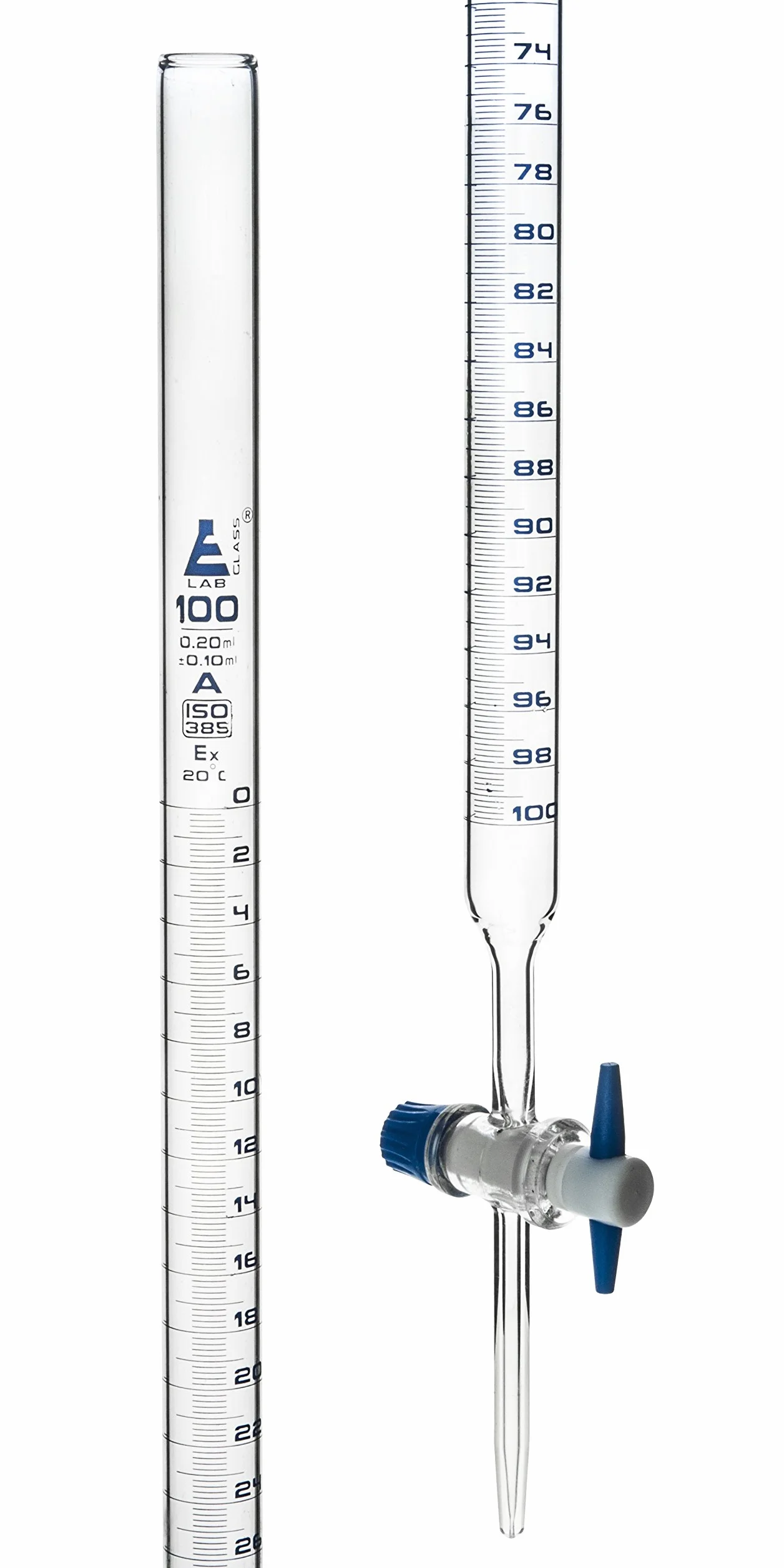 Eisco Labs Burette - Rubinetto a chiave in PTFE, classe A, capacità 100 ml, 0,20 ml, tolleranza blu ± 0,10 ml