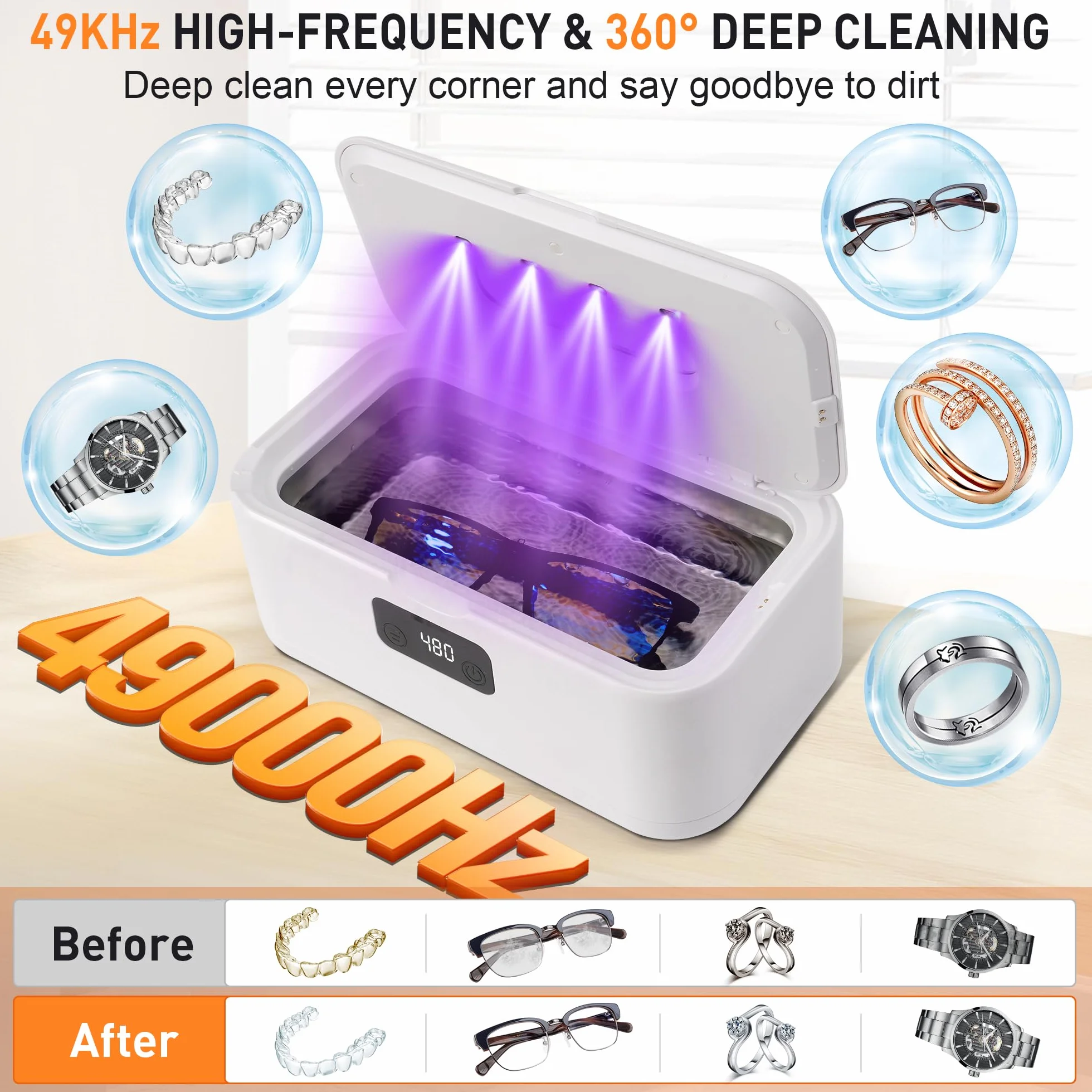 Pulitore Ultrasuoni Gioielli Occhiali - 49000Hz | 800ML | Lampada UV Ultrasonic Cleaner con 5 Timer Digitale - Ultrasonic Cleaning Machine per Apparecchio Denti Anelli Collane