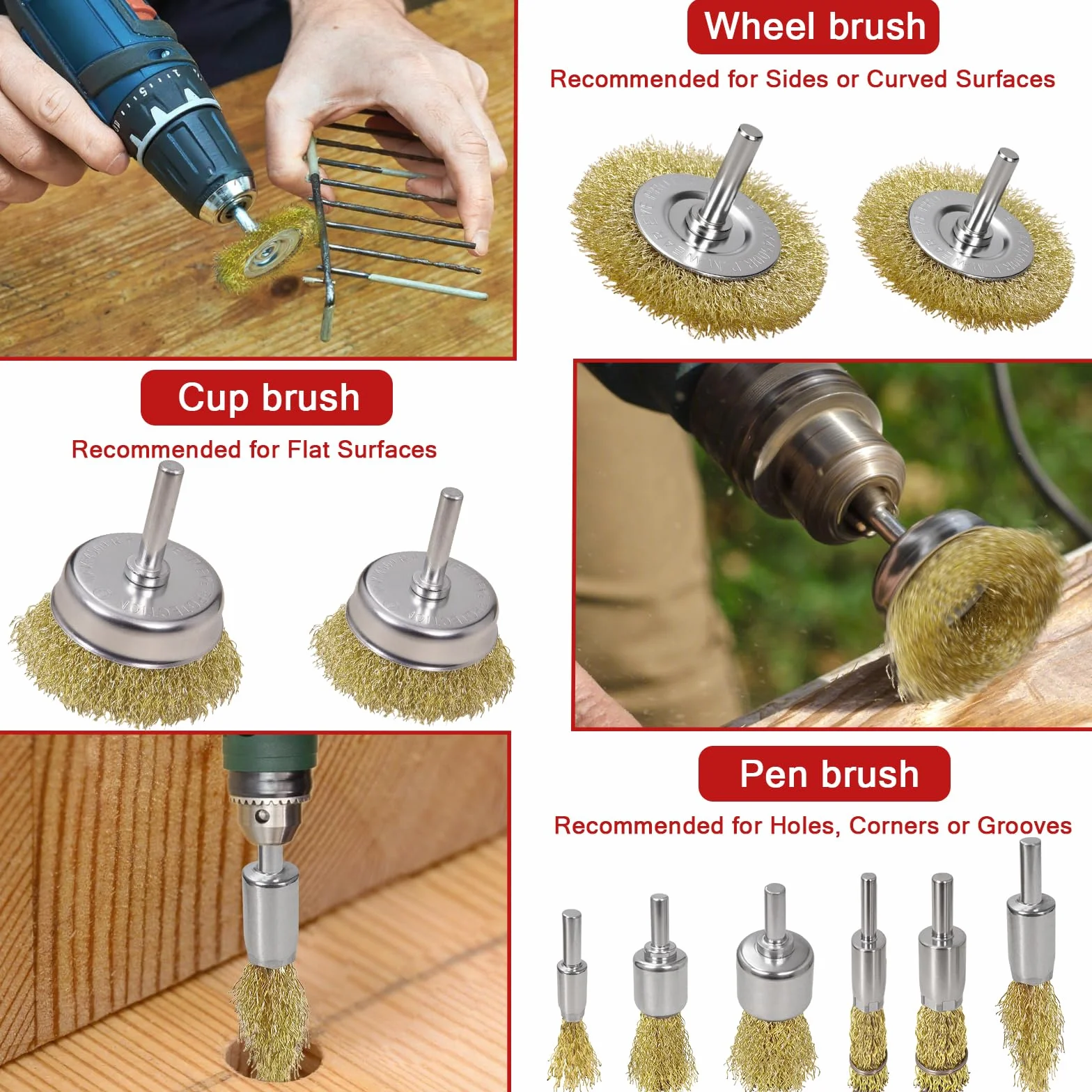 Spazzola per la pulizia del filo di ottone per trapano, filo di acciaio al carbonio abrasivo rivestito in ottone con setole morbide, fusto da 1/4" per rimozione del metallo, ruggine e colore