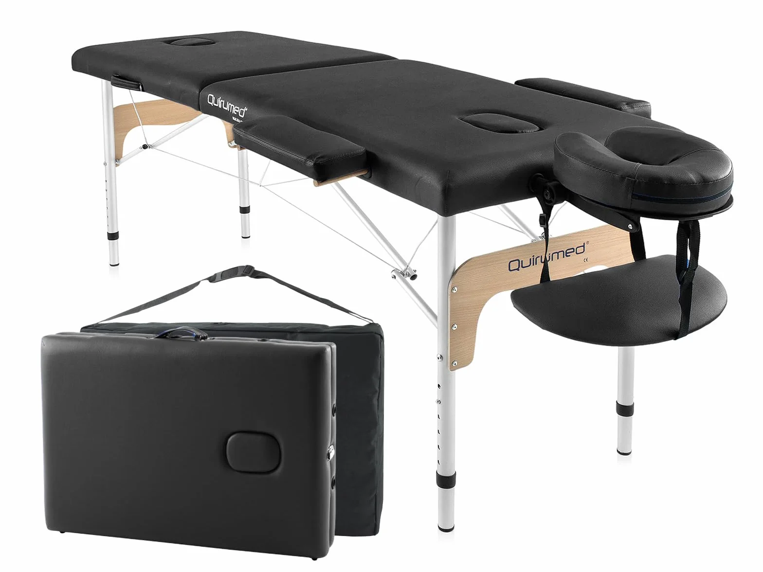 QUIRUMED Lettino da massaggio pieghevole Easy in alluminio, colore nero, 180 x 60 cm, in similpelle, portatile, testa rimovibile leggera, foro facciale, altezza regolabile, fino a 120 kg