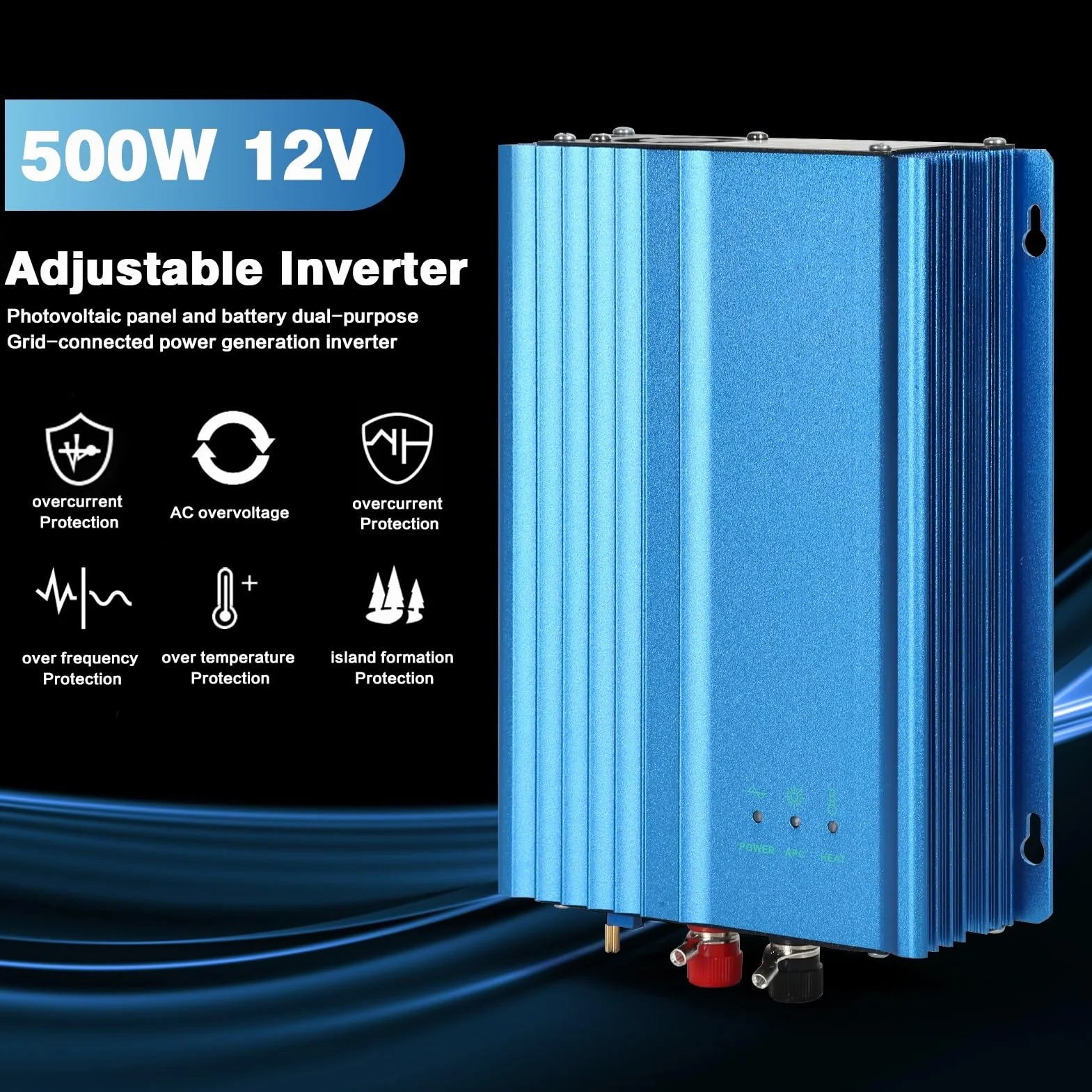 Jadeshay Inverter Fotovoltaico, 500W Inverter Grid Tie MPPT 12V Scarica Batteria Regolabile per Pannelli Solari Fotovoltaici, AC220V