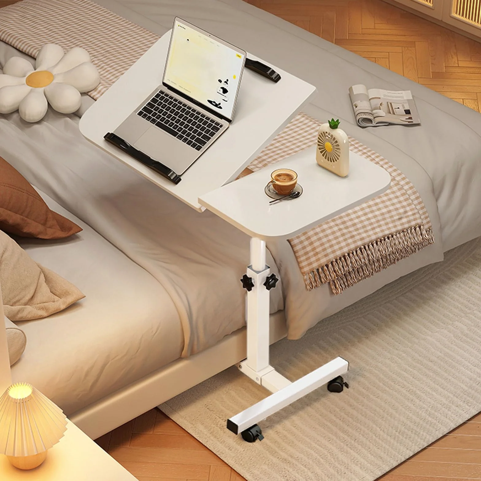 Tavolino Da Letto Con Ruote, Tavolo Da Comodino Regolabile In Altezza Per Uso Medico, Carrello Per Computer Rimovibile Con Pannello Inclinabile, Adatto A Piccoli Spazi, Scrivania Di Scrittura Pieghevo