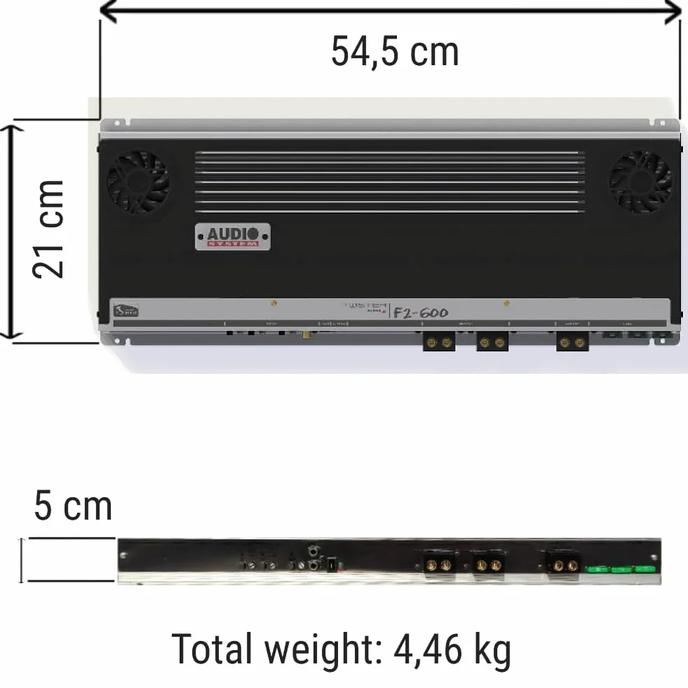 KIT SET PER AUDIO SYSTEM F2-600, 1 amplificatore stereo 2 canali classe ab 2 x 460 watt rms a 2 ohm, 3000 watt max, spl, cofano, auto, 1 pezzo
