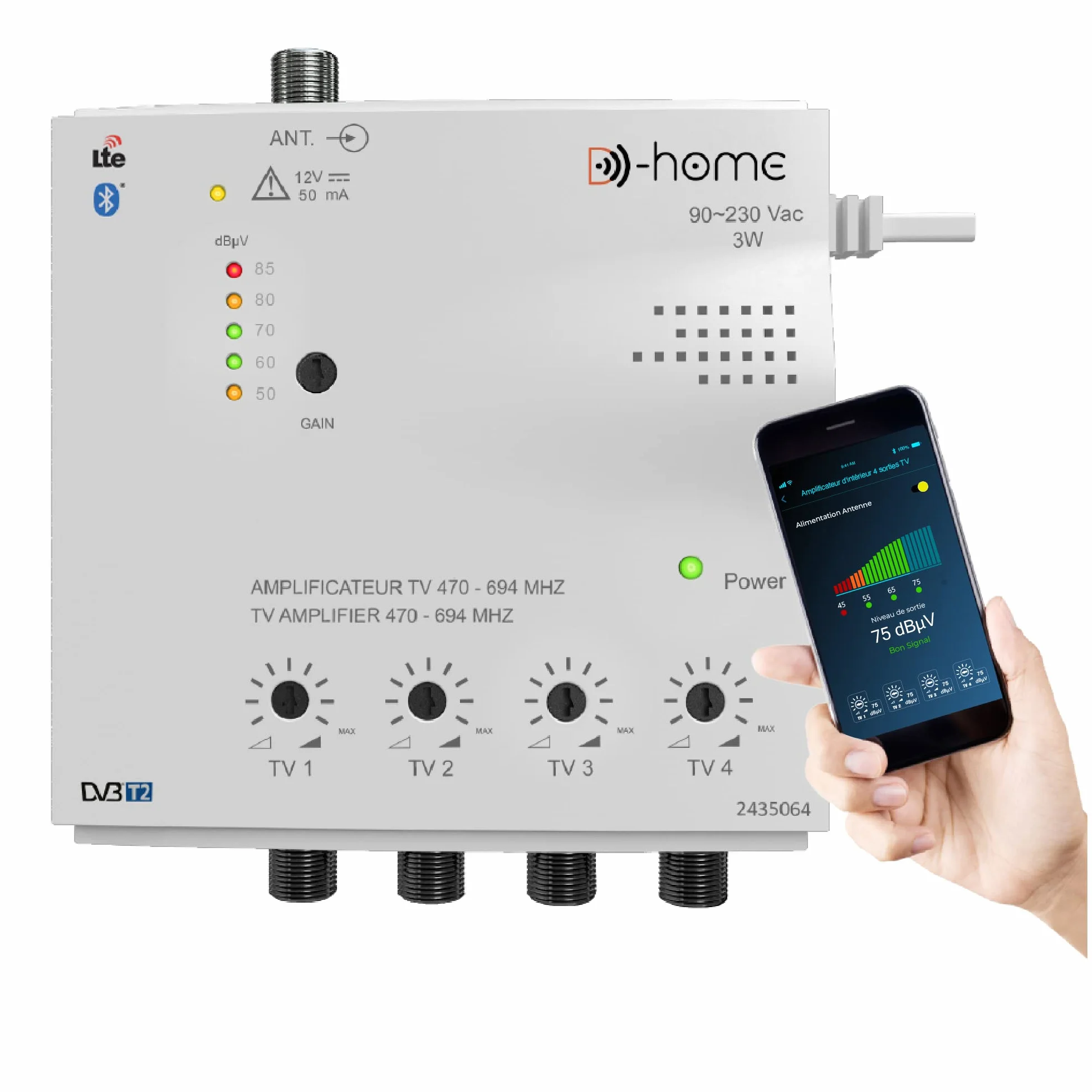 D-Home - Amplificatore TV TNT Interno 4 Uscite 26dB Filtrato 4G-5G, funziona con App TV Finder