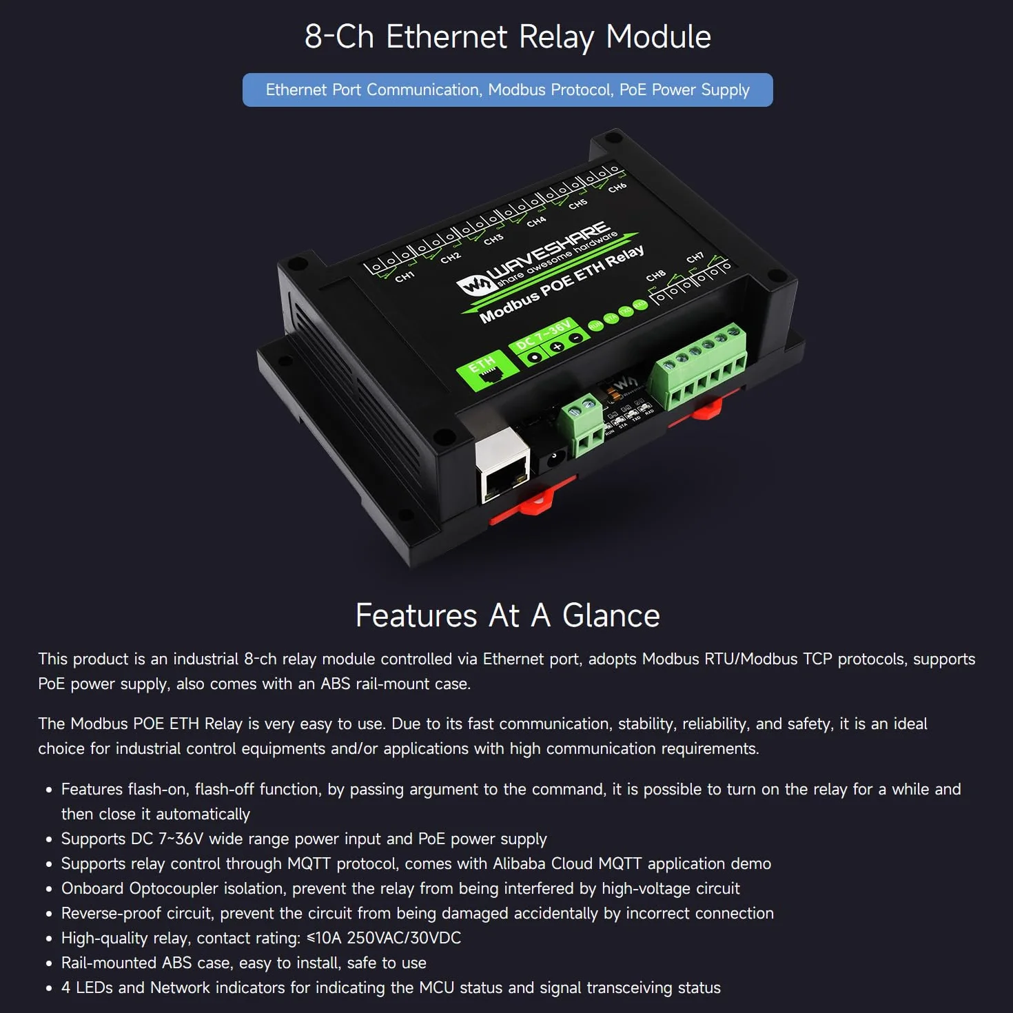 Waveshare 8-Ch Ethernet Relay Module, Modbus RTU/Modbus Transmission Control Protocol, PoE Port Communication, with Various Isolation and Protection Circuits, Industrial Grade Rail-Mount Case