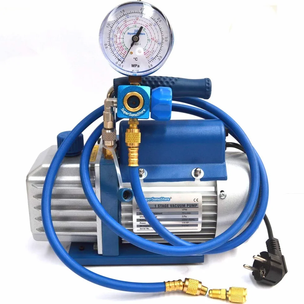 3S SuperSamaStore Kit Pompa Carica e Vuoto, Set Manutenzione/Ricarica Gas Refrigerante per Impianti Climatizzazione, Kit Pompa Vuoto 70 Lt/Min, Manometro-Vacuometro per R32 R410A R407C R134A e Frusta