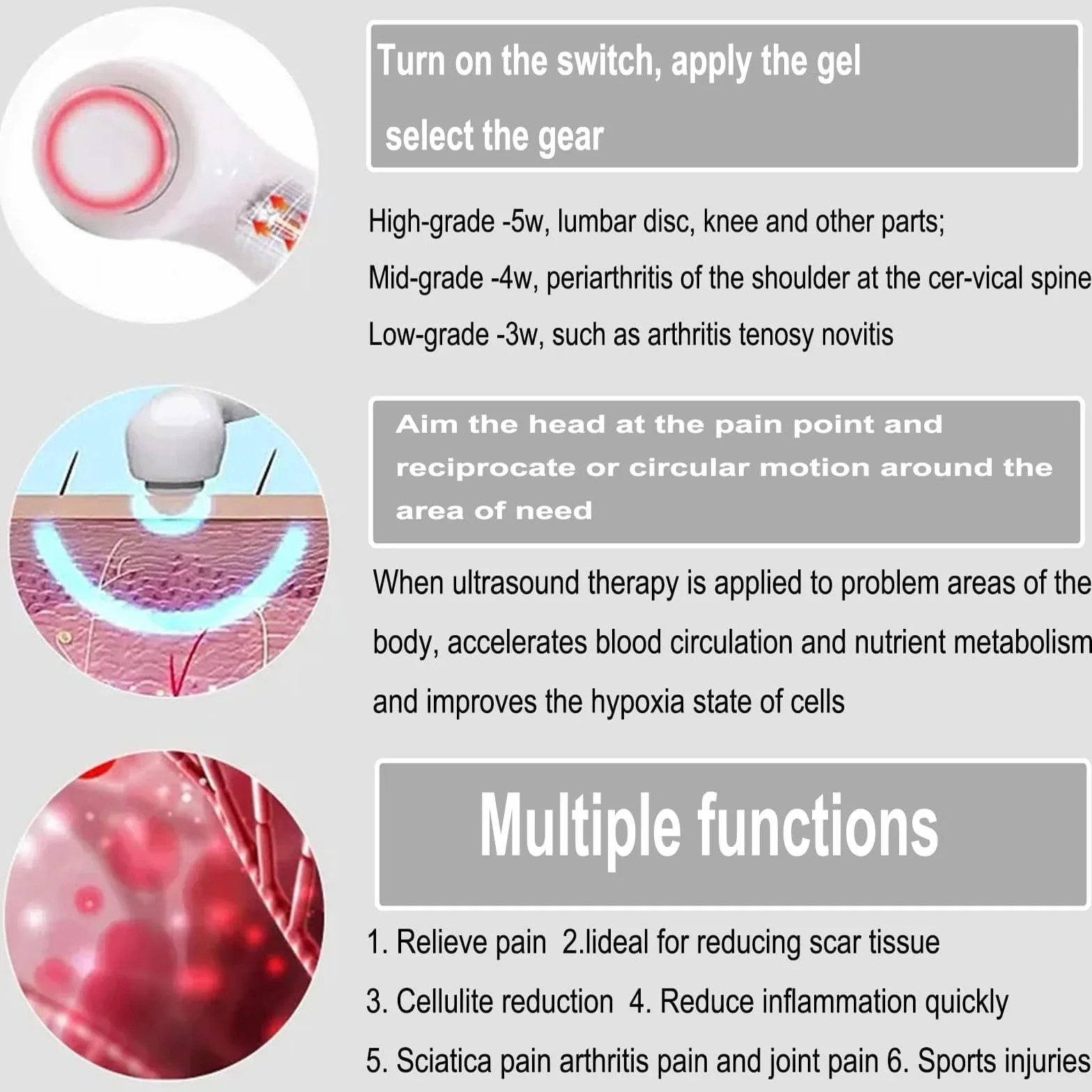 Dispositivo portatile per terapia ad ultrasuoni, 1-3 MHz, macchina professionale ad ultrasuoni per terapia fisica, con timer da 15 minuti, 3 livelli di intensità, area di trattamento di 4 cm²
