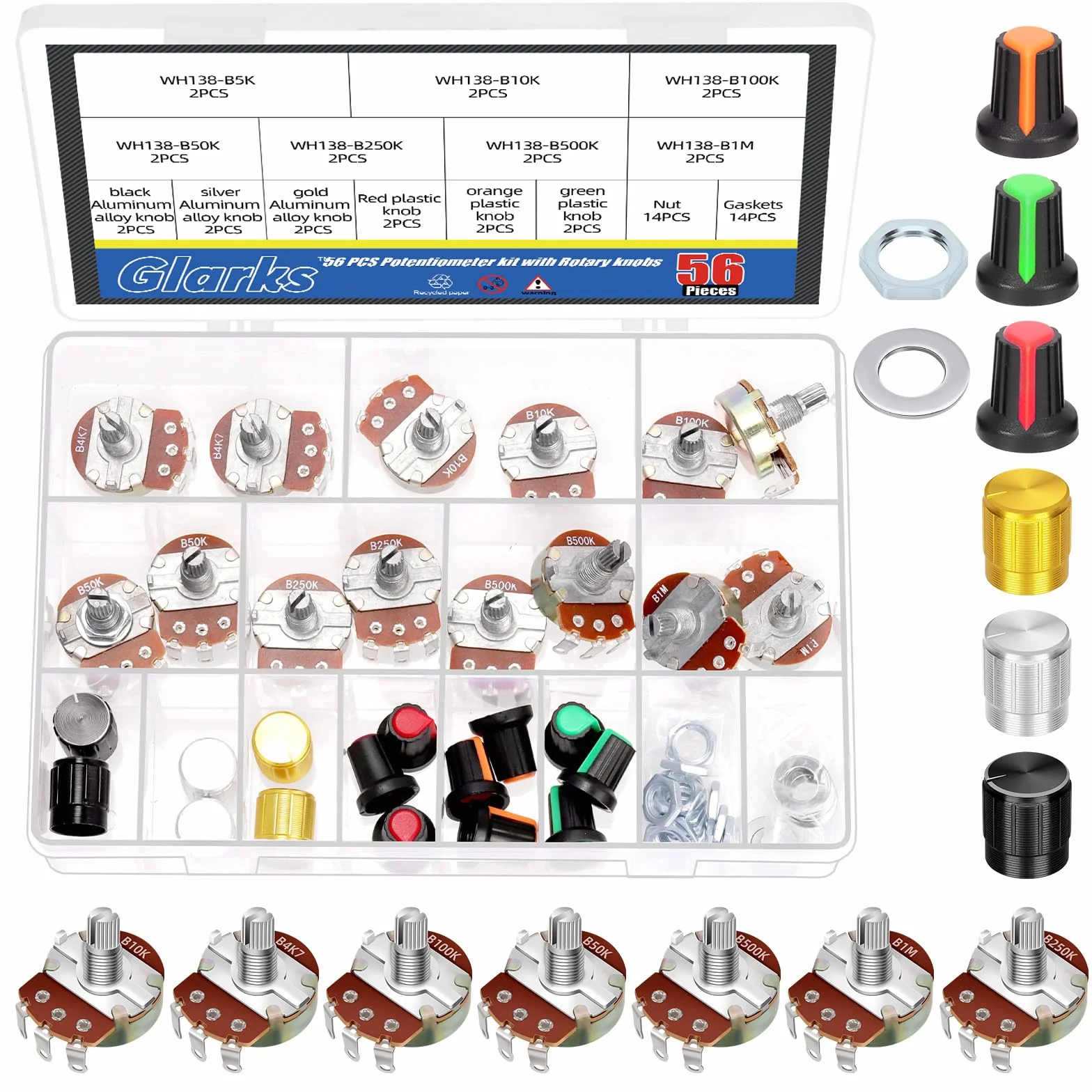 Glarks 57pcs WH138 Potenziometro Rotativo Lineare Singolo Giro B5K B10K B50K B100K B250K B500K B1M OHM 3 Pin Zigrinato in Lega di Alluminio
