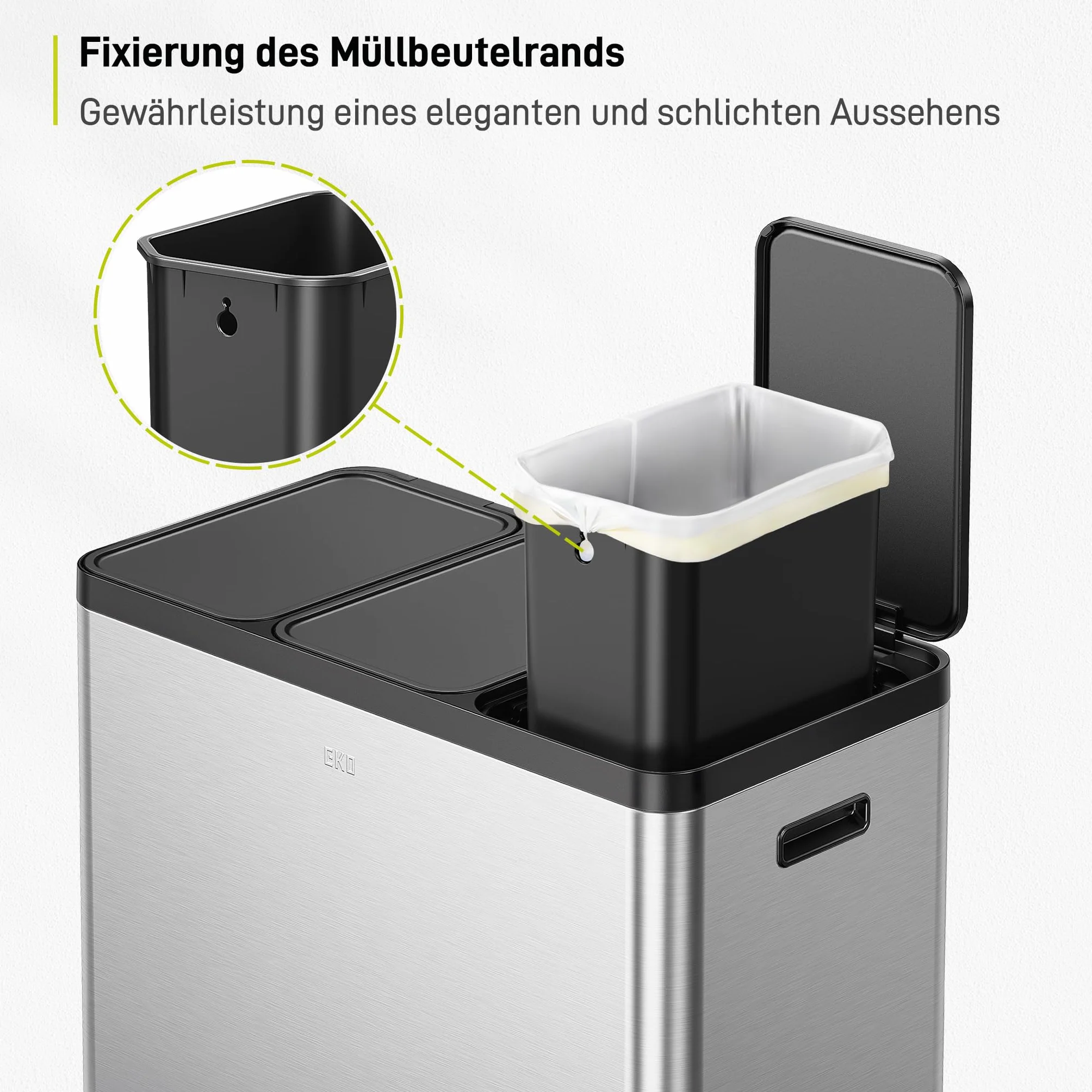 EKO Essential - Pattumiera a 3 scomparti, 3 x 20 litri, sistema di raccolta differenziata, con 20 sacchi della spazzatura, con coperchio, chiusura delicata e ermetica, in acciaio inox spazzolato