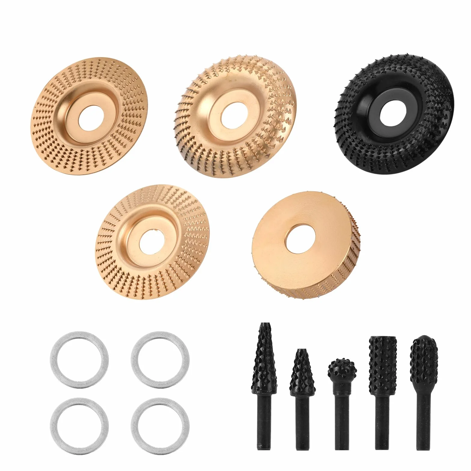 14pz Set di Dischi per Intaglio del Legno per Smerigliatrice Angolare da 4" o 4,5", Include Varie Intaglio Legno Mola Disco e Varie Frese Rotanti e Anelli Adattatori da 5/8"