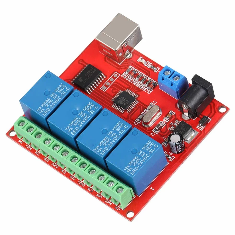 ASHATA Modulo relè 24 V, modulo relè 4 canali Modulo relè Controller Smart Switch USB per Computer, Chip di Controllo USB ad Alte Prestazioni Modulo relè DC 24 V Scheda di espansione PC Rosso