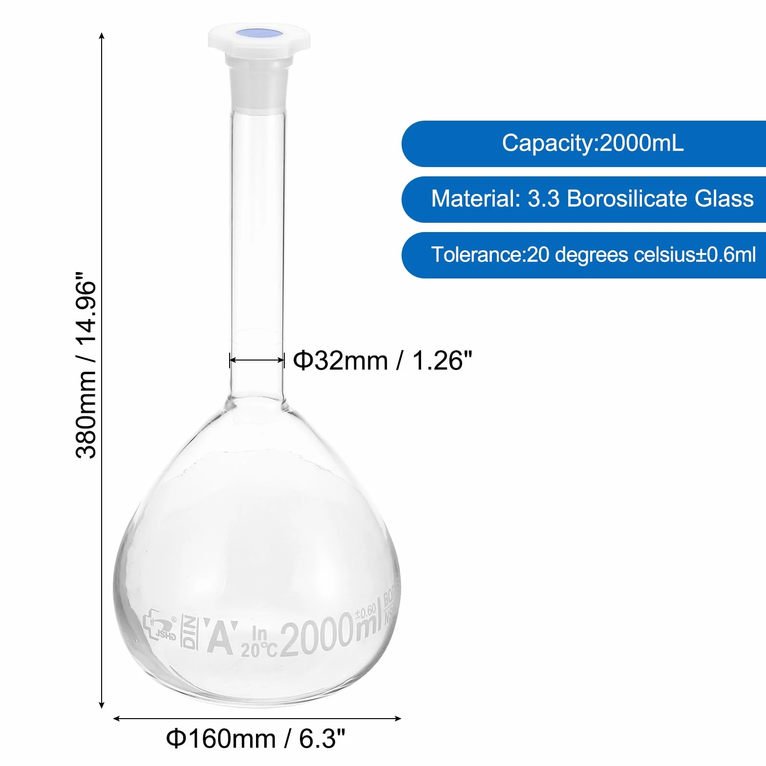 PATIKIL Matraccio Tarato 2000ml Matraccio Graduato 3.3 Vetro Borosilicato Graduato Volumetrico Misura Flacone con Spina Tappo Tolleranza 0.6ml per Laboratorio Esperimento Trasparente