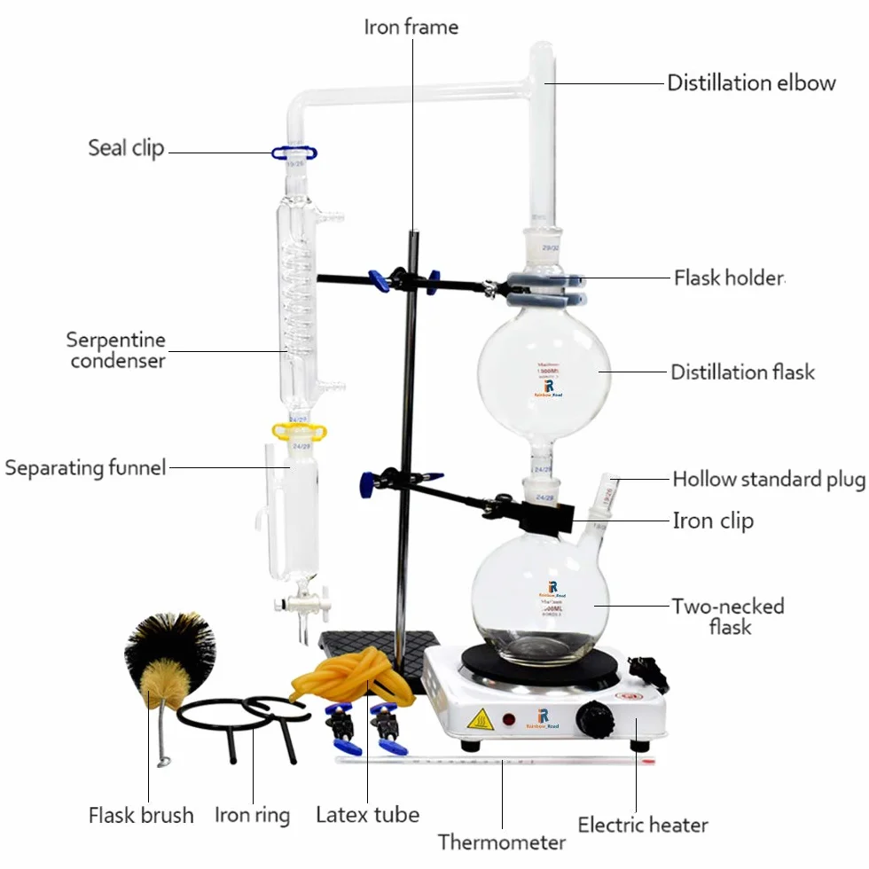 1000ml Dispositivo per distillazione di oli essenziali Kit per vetreria da laboratorio Kit per purificatore per distillatore di acqua a vapore con imbuto separatore per fornelli caldi (1000ml)