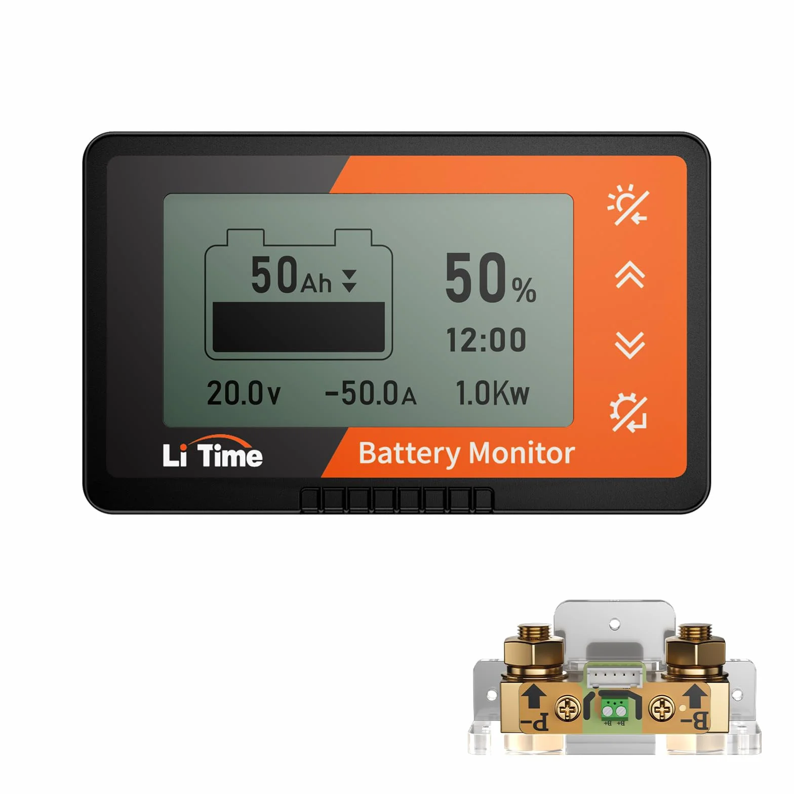 LiTime Battery Level Monitor con Shunt, Monitor del Livello della Batteria da 500A 8V-120V con Schermo LCD Retroilluminato, Allarme con Cicalino per Camper, Carrello da Golf, Pannello Solare